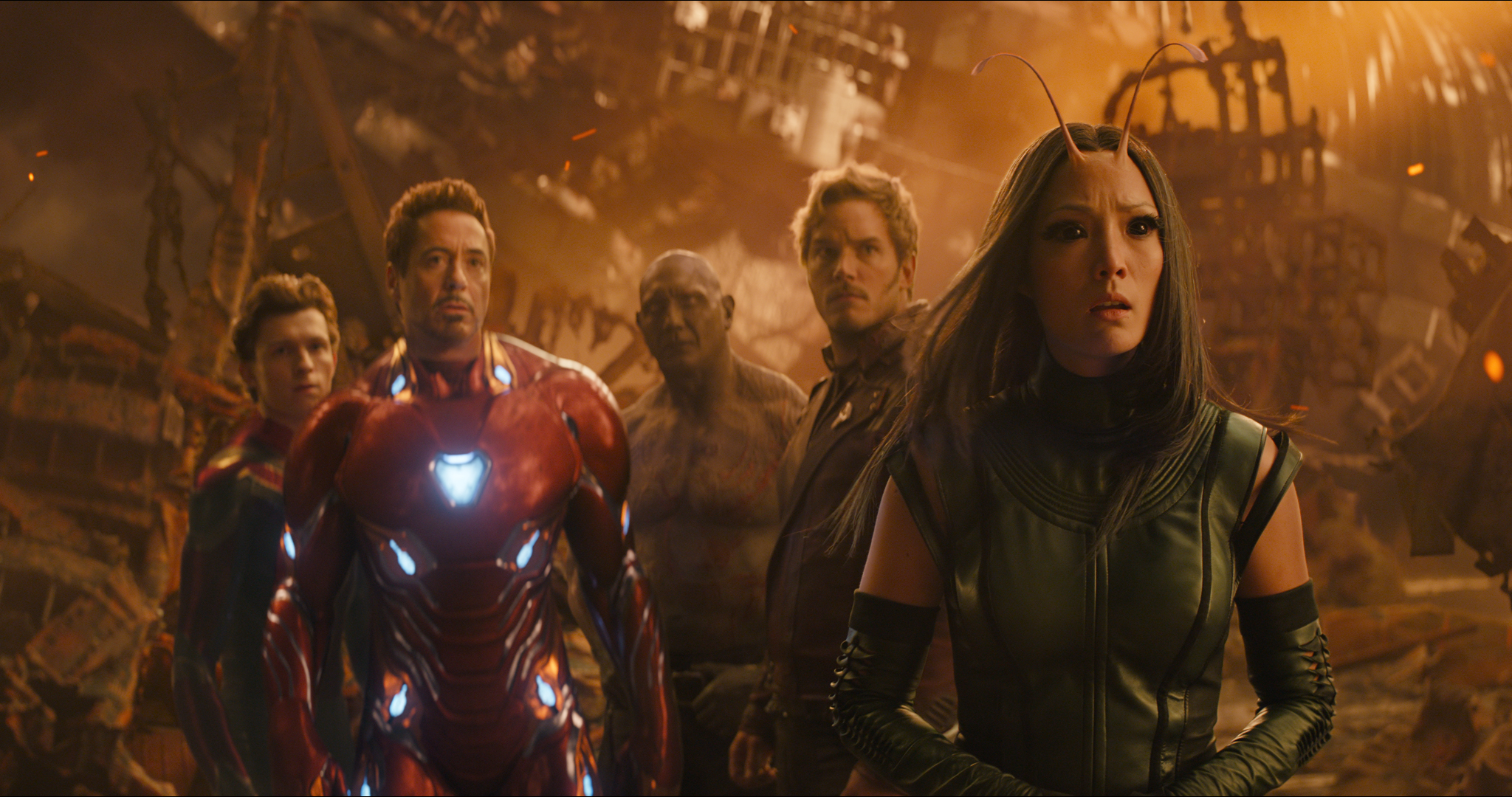 From left: Tom Holland, Robert Downey Jr., Dave Bautista, Chris Pratt, and Pom Klementieff in “Avengers: Infinity War.”