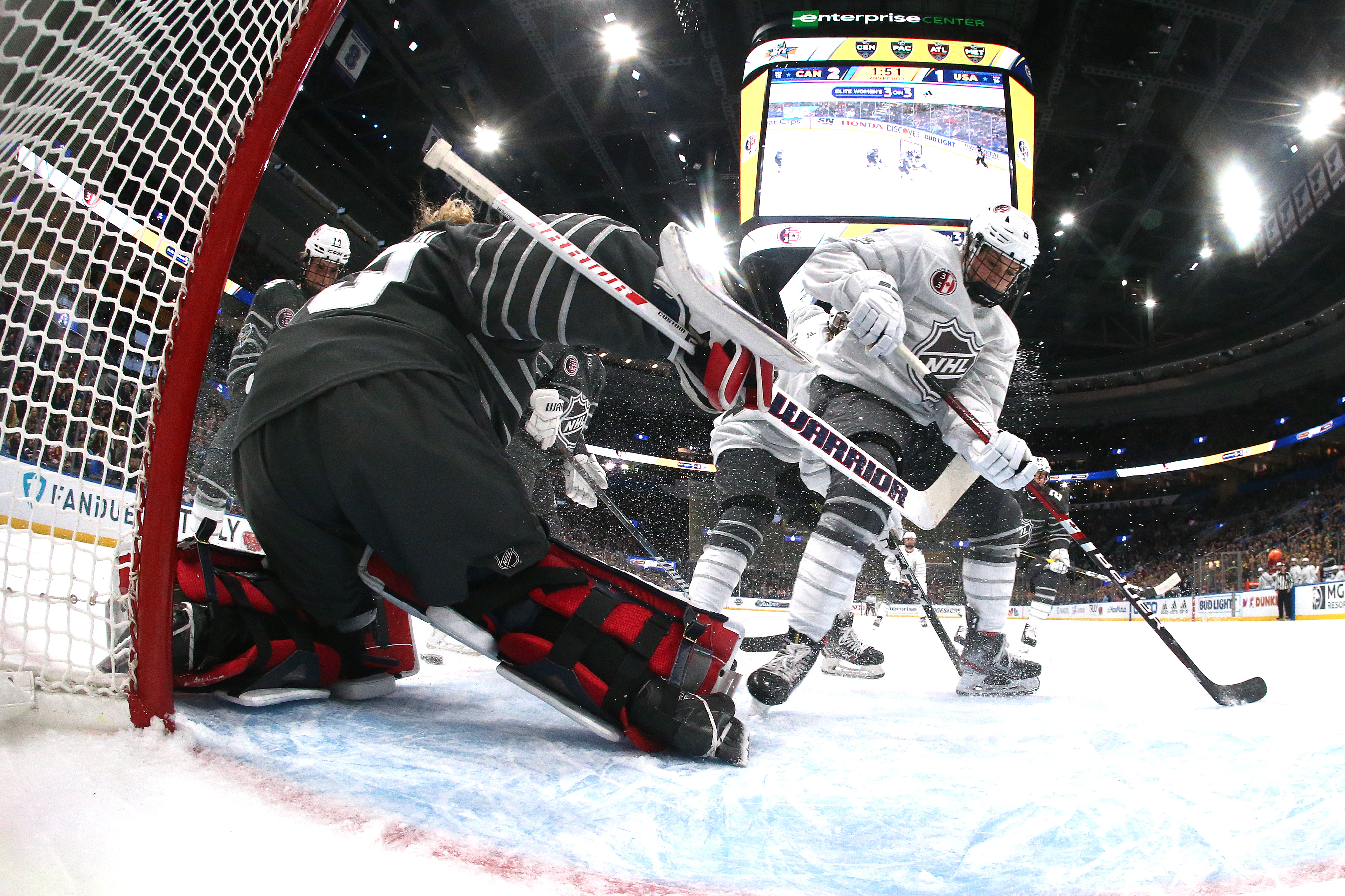 Goalie Alex Cavallini of the American All-Stars faced Rebecca Johnston of the Canadian All-Stars in the Elite Women's 3-on-3.