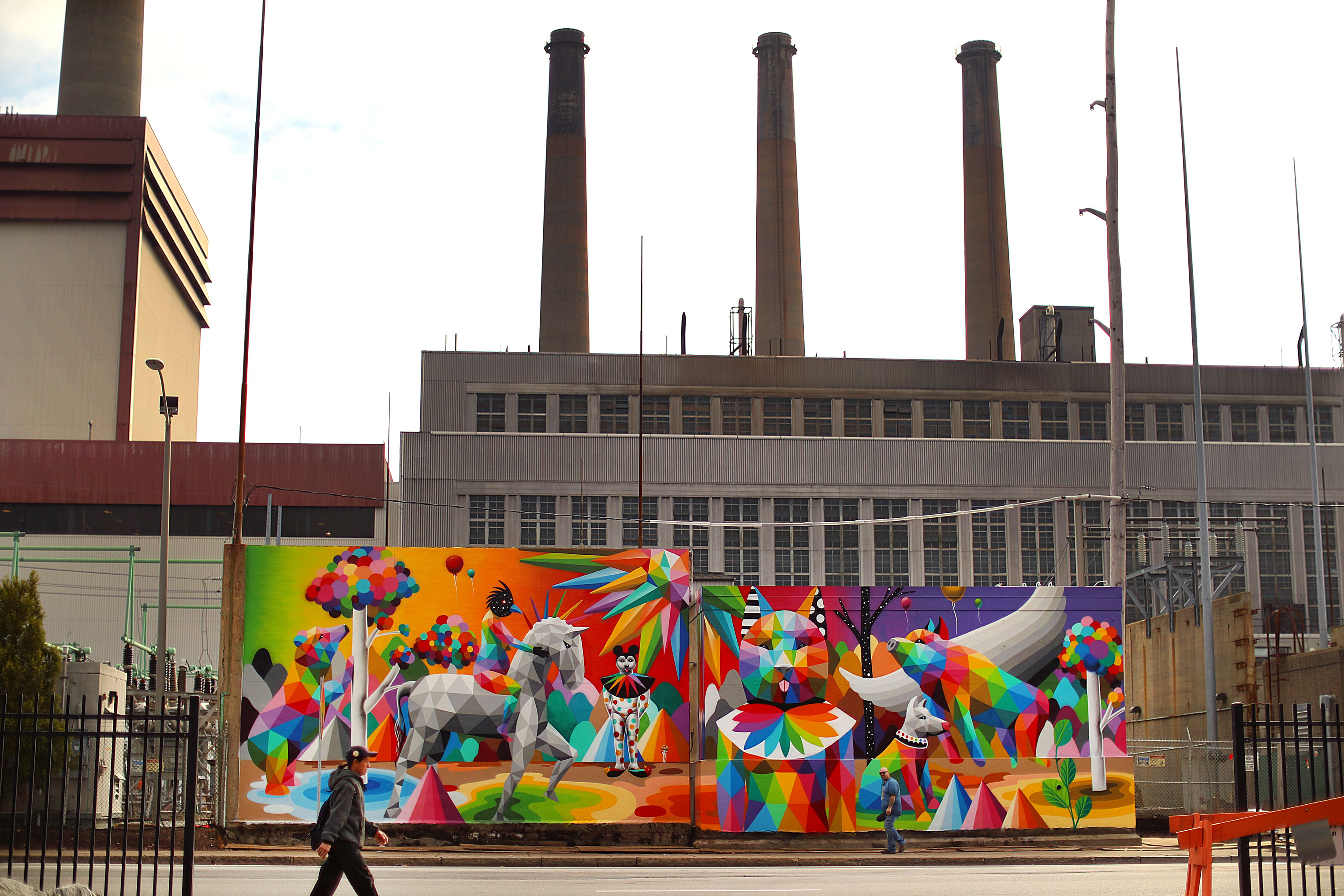 Artist Okuda San Miguel’s mural near the Encore Boston Harbor casino.