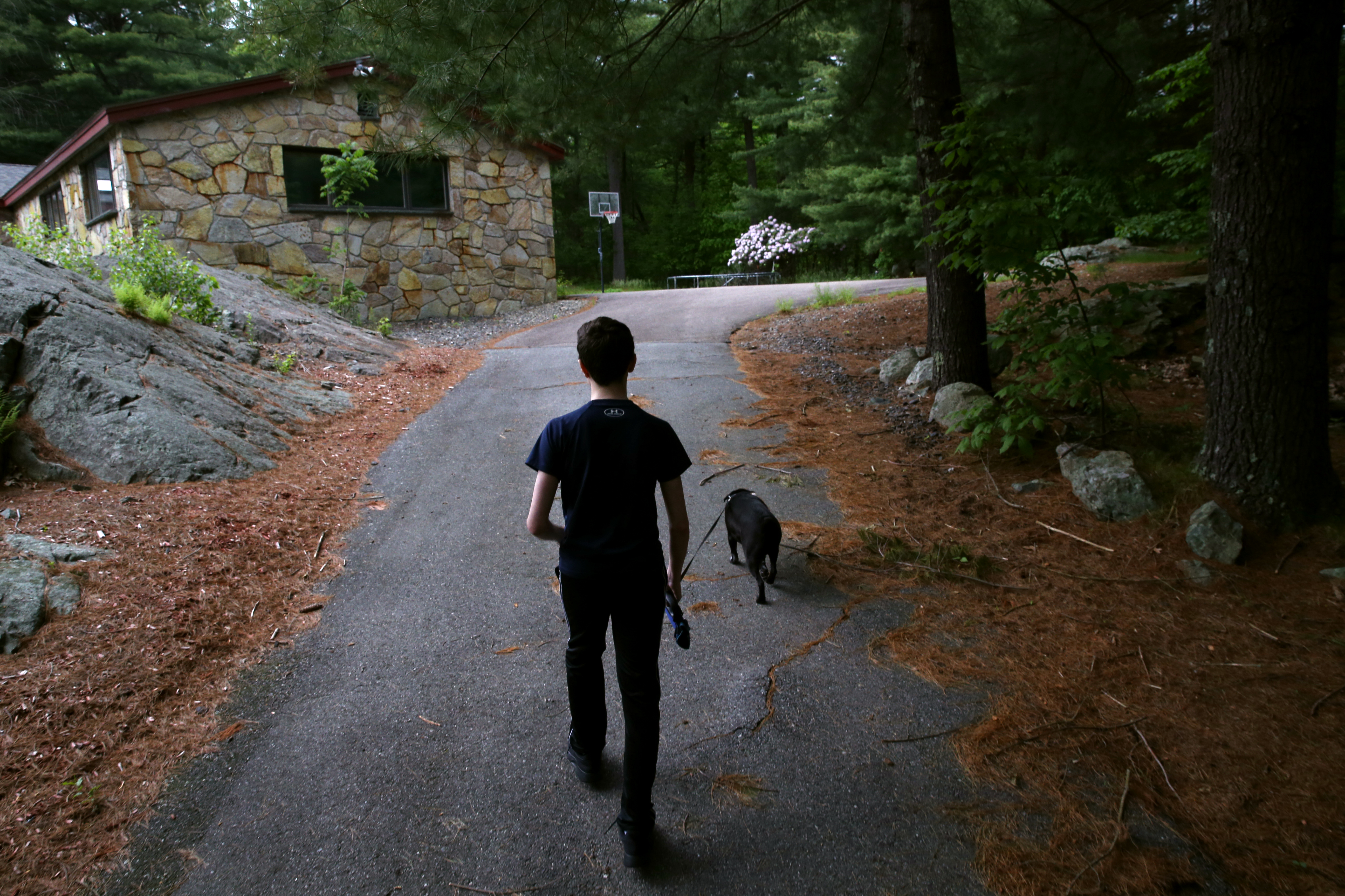 Jordan Herzog walked his dog, Jax, between school work and gaming.