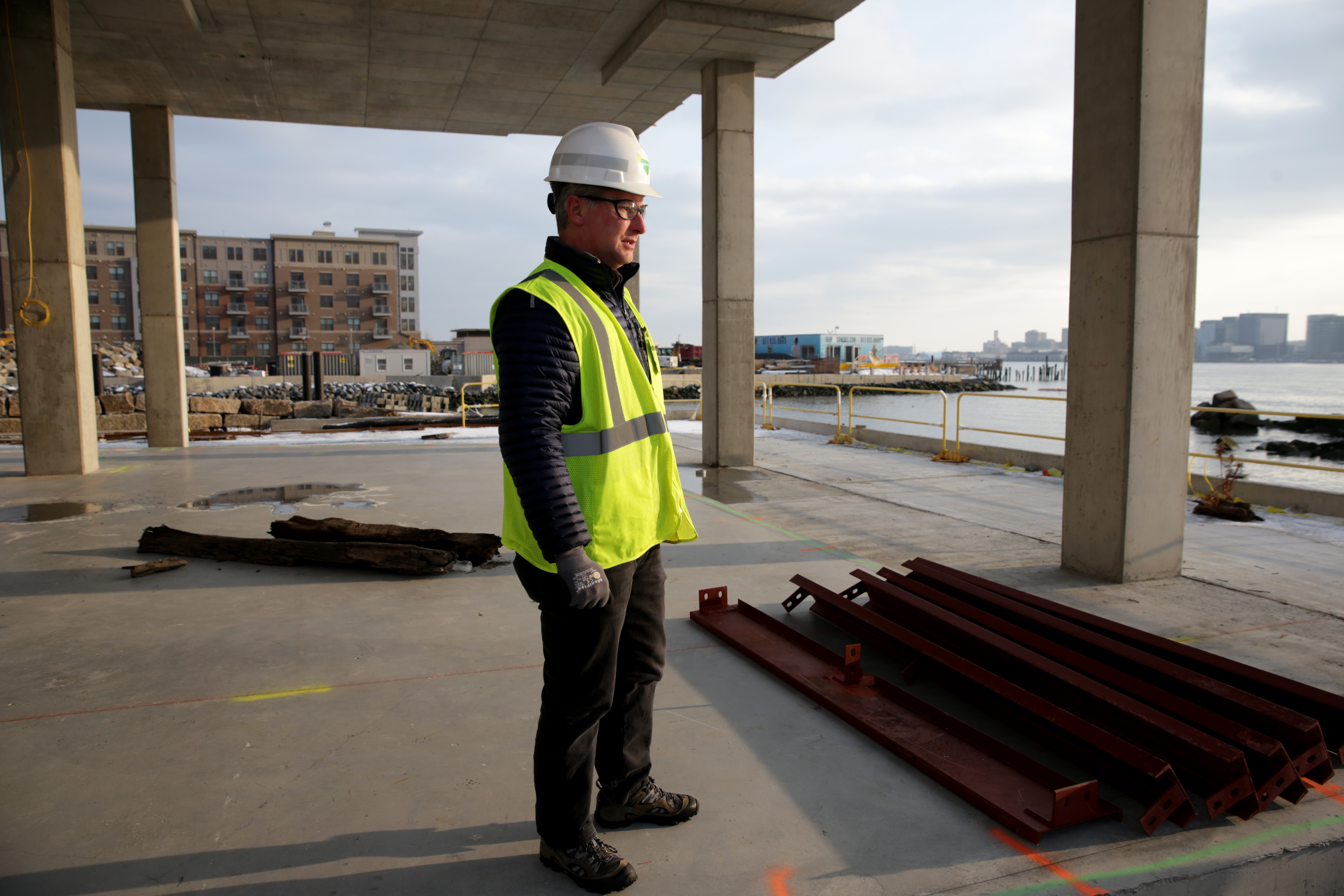 “This is the only development site in Boston that intentionally floods every day,” said Lendlease general manager Nick Iselin of the Clippership Wharf project. “Every day, twice a day.”