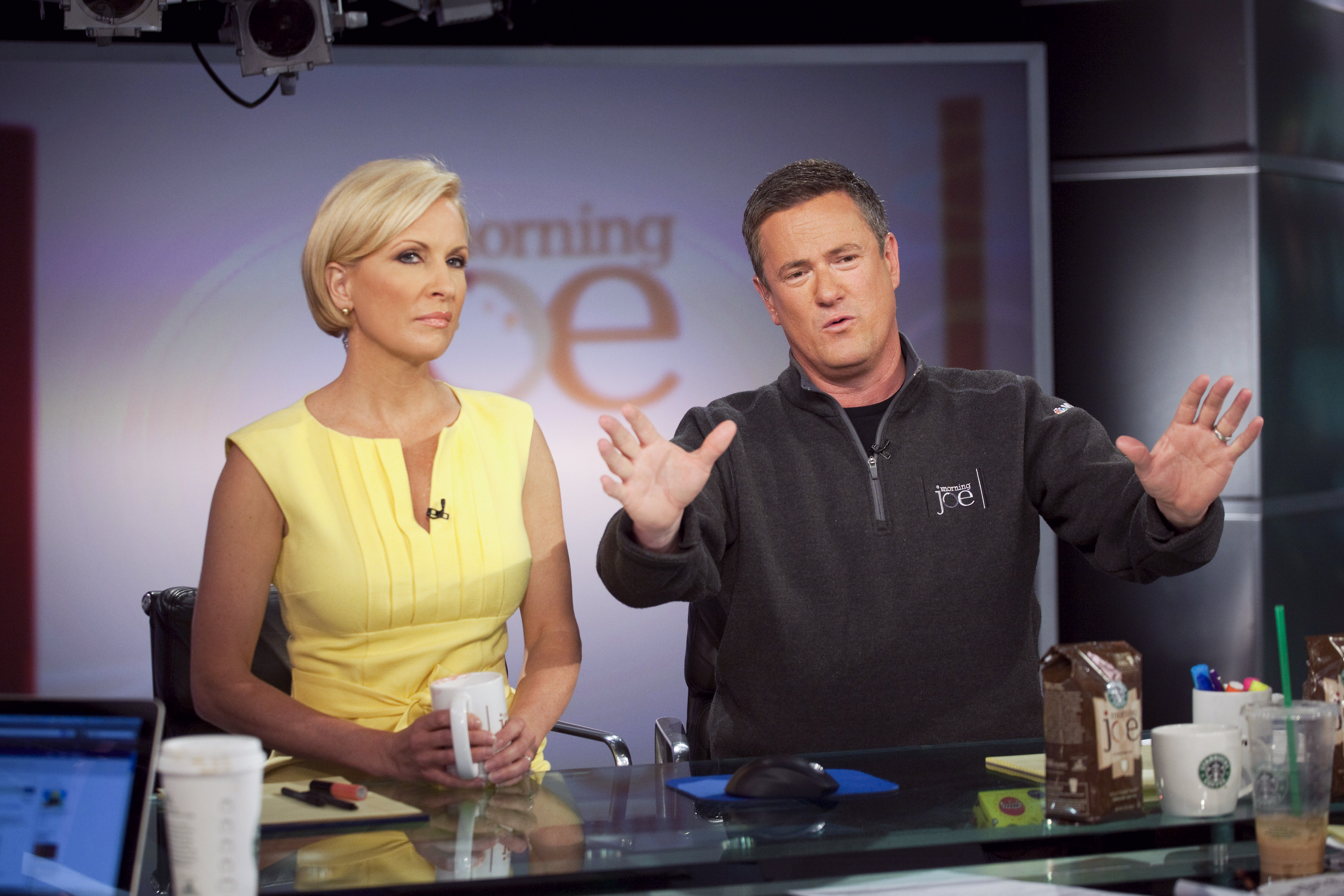 Joe Scarborough, right, and Mika Brzezinski host MSNBC's "Morning Joe" at NBC Studios in 2010.