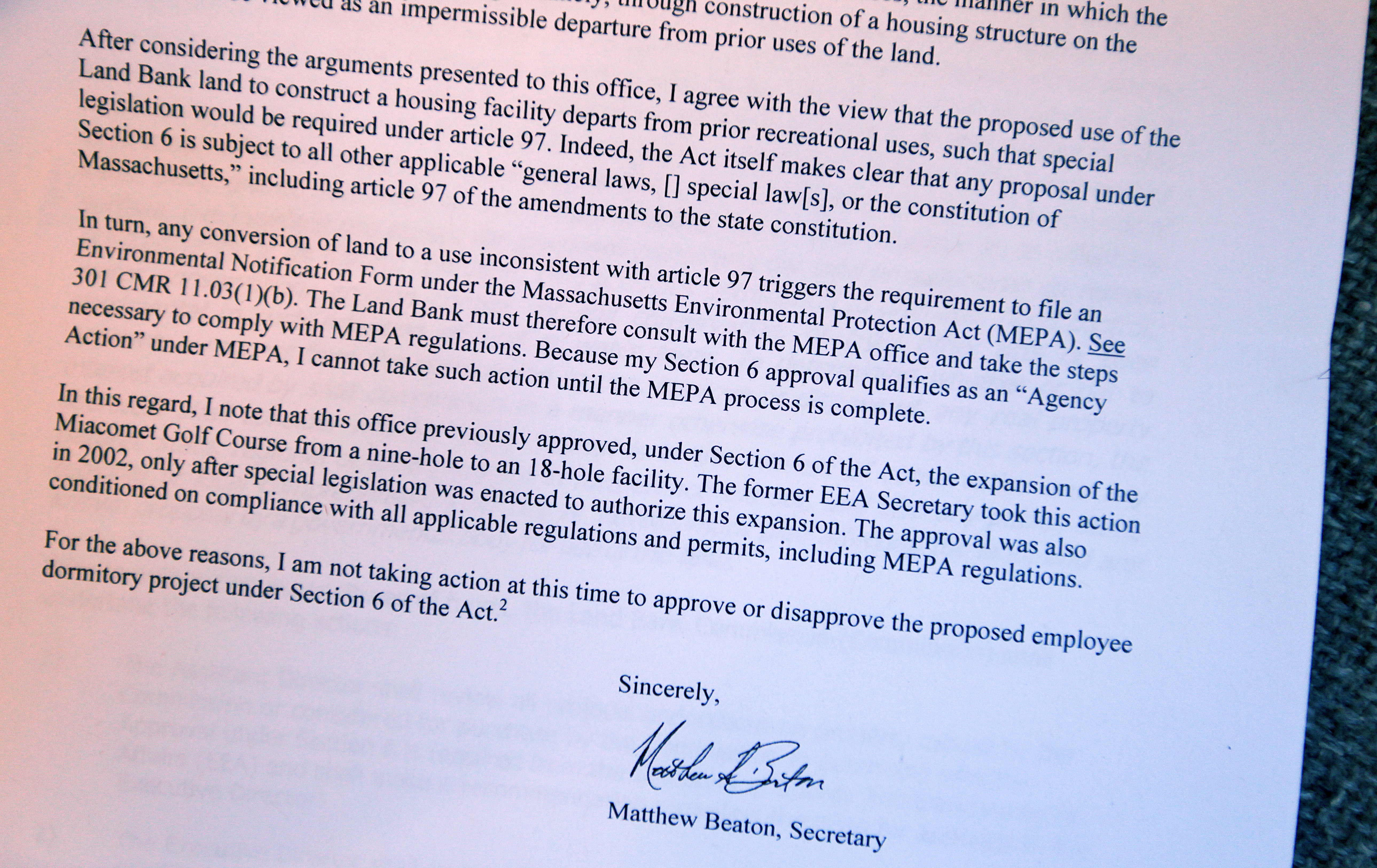 A letter to the Nantucket Land Bank from Matthew Beaton, the state’s secretary of energy and environmental affairs.