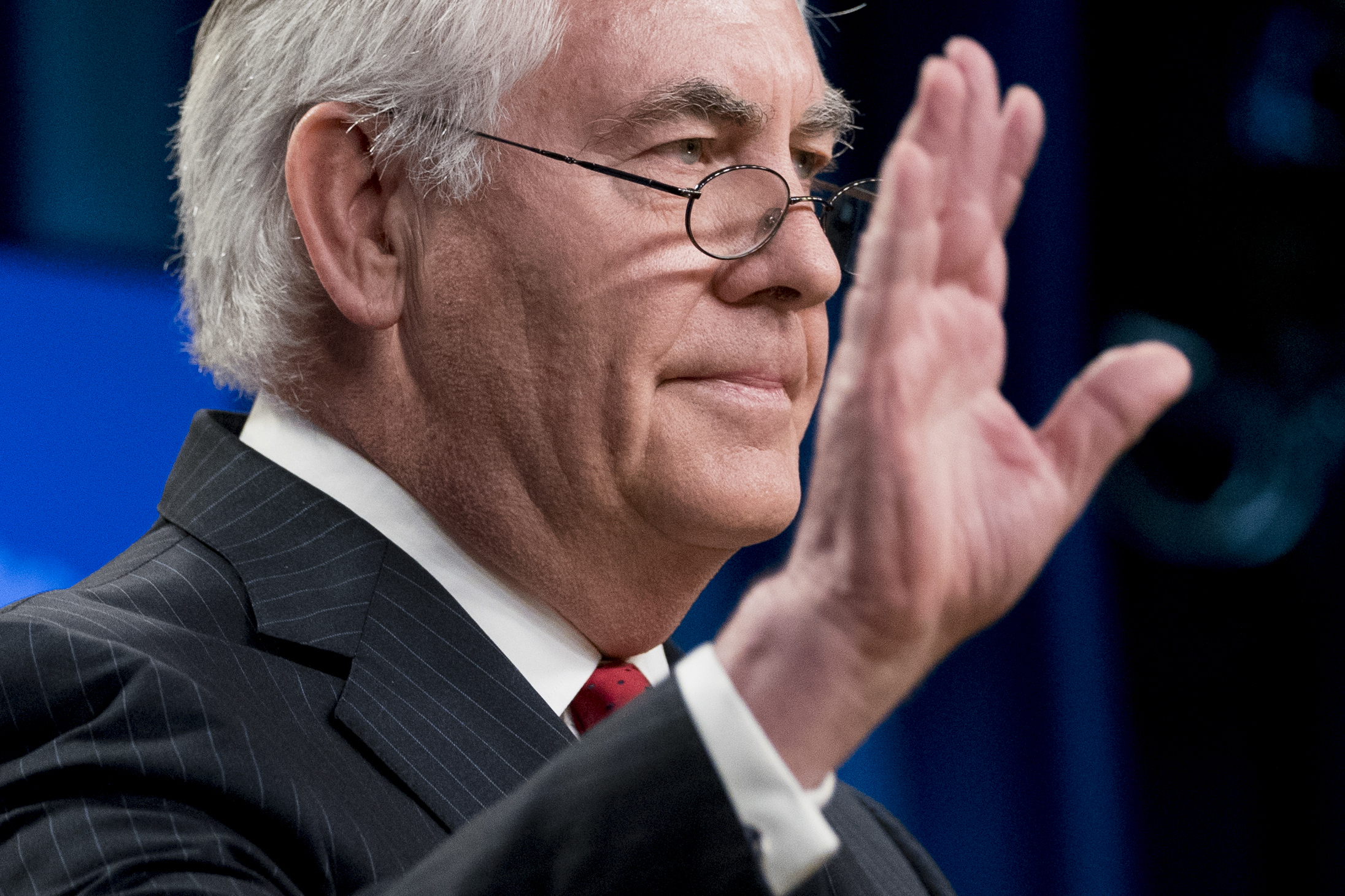 Secretary of State Rex Tillerson waves goodbye after speaking at the State Department in Washington in March.