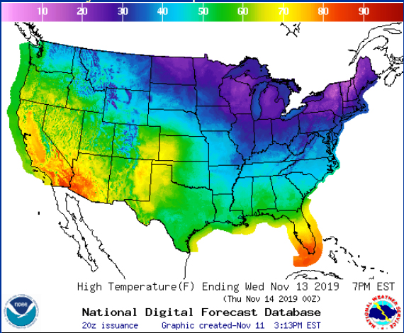 The temperatures on tap for the US on Wednesday.