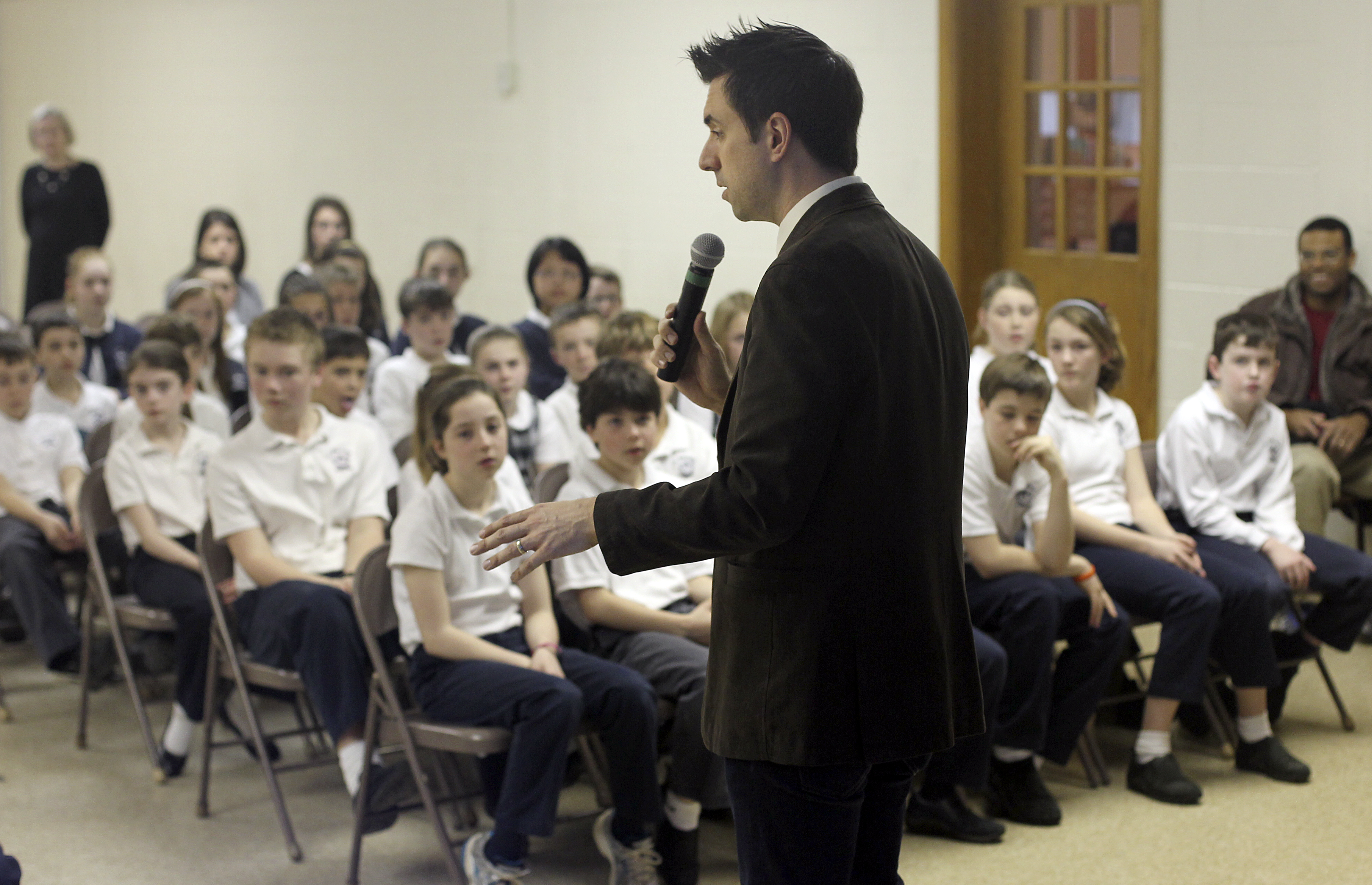 Jarrett Krosoczka spoke with students at the St. John School in Wellesley in March. He visits about 70 schools a year to encourage students to use their imaginations.
