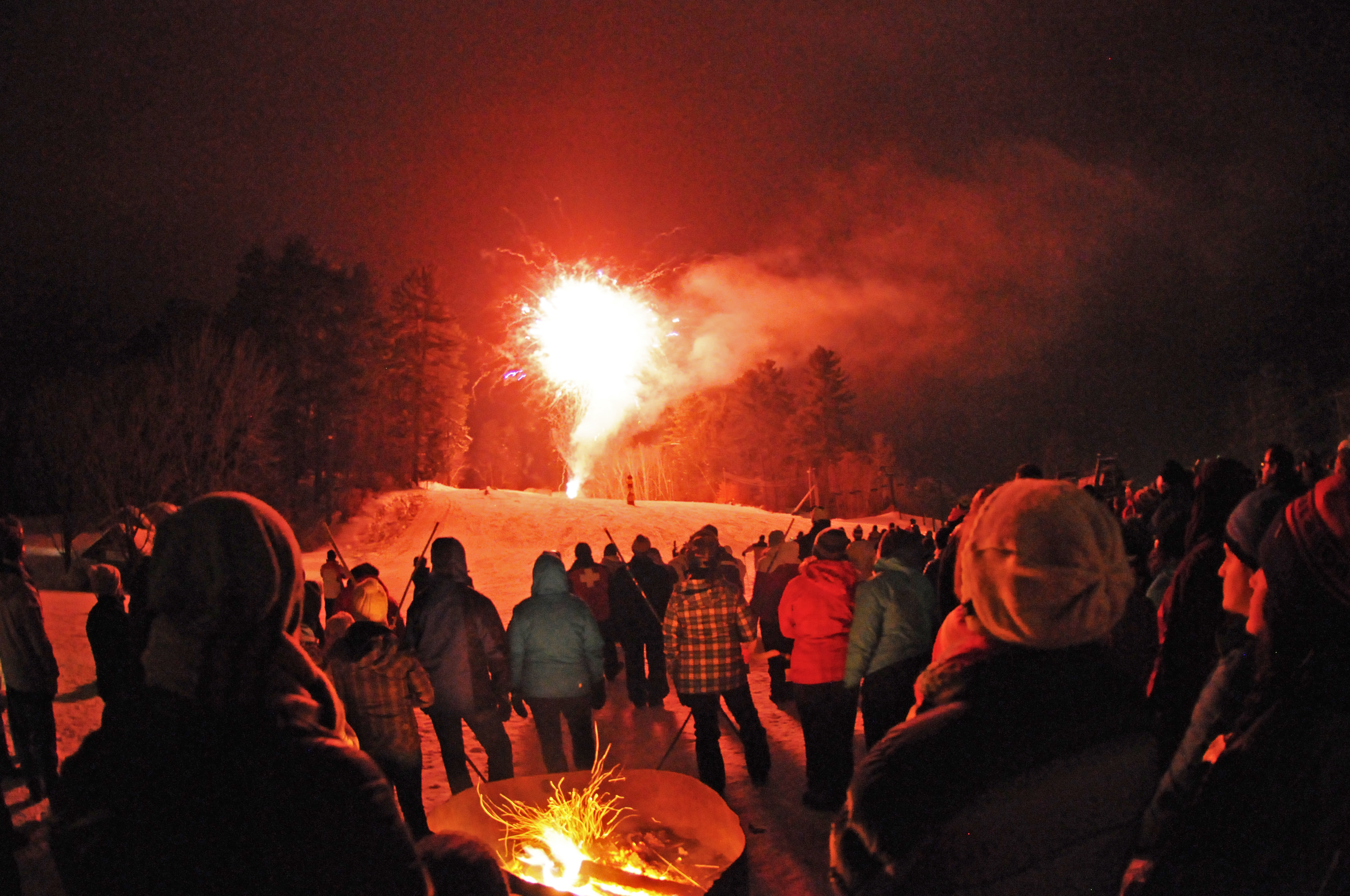 The New Year's eve fireworks at Purity Spring Resort's King Pine Ski Area Madison, New Hampshire.