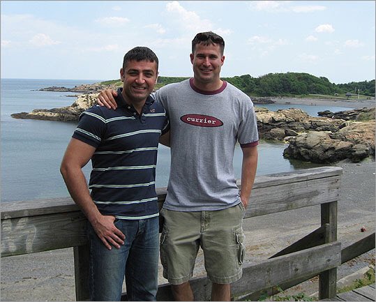 Seth Moulton in Nahant, with Mohammed, his translator from Iraq.