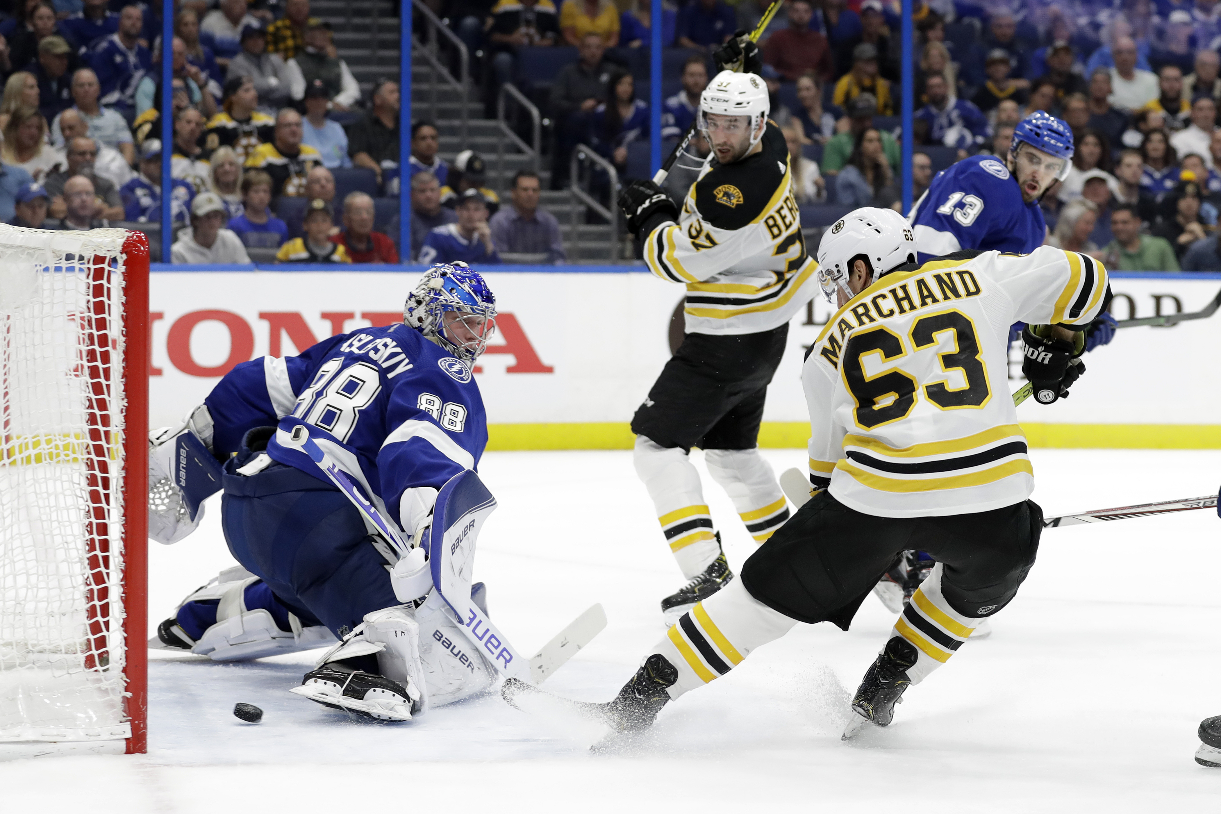 Brad Marchand scores a first-period goal Tuesday night.