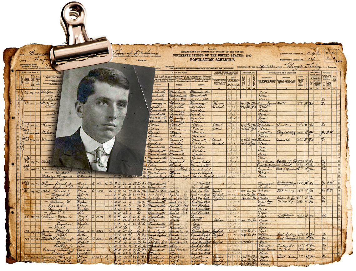 A photograph of Gerald Walsh is attached to his listing in a 1930 Census ledger.