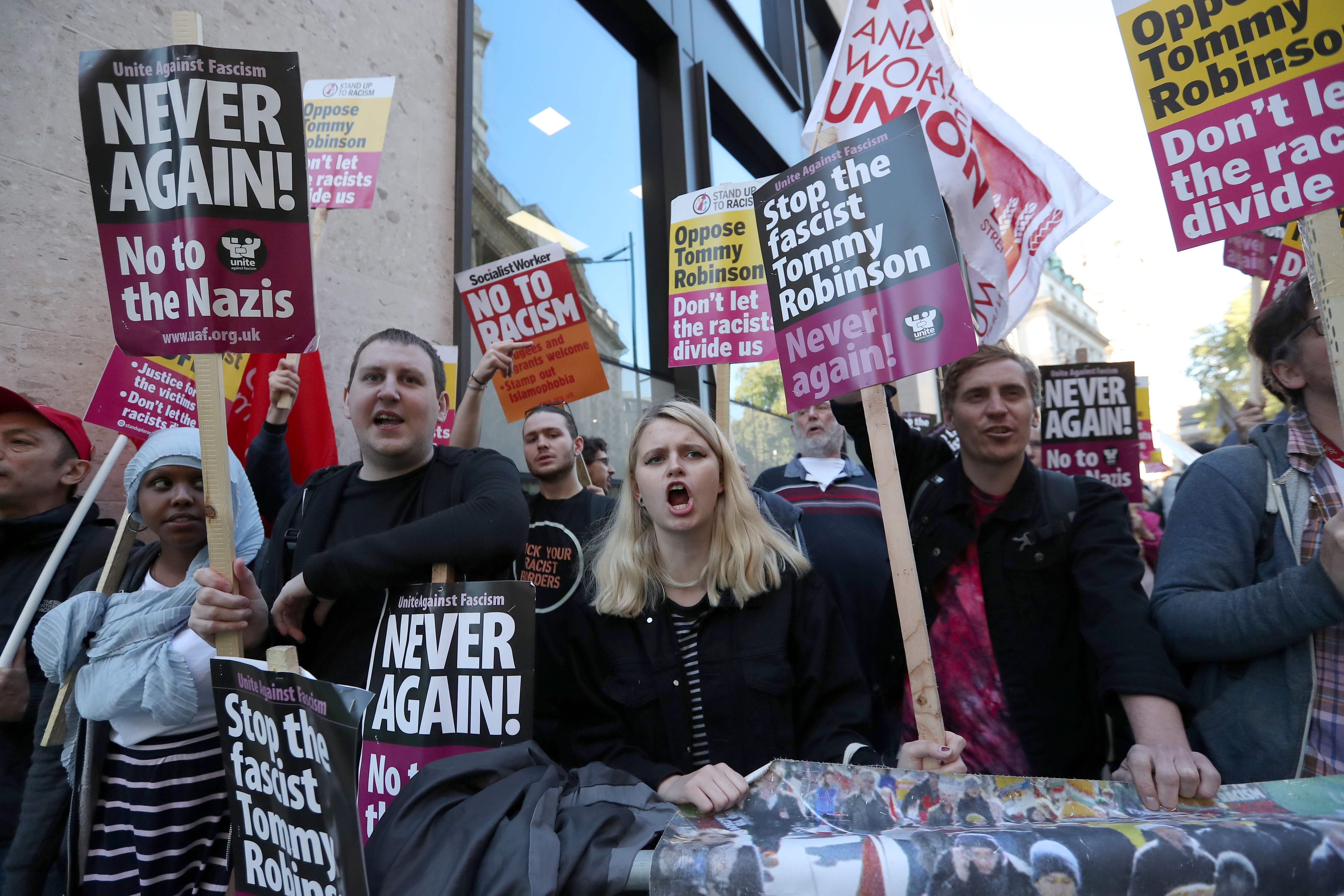 Demonstrators protested against Tommy Robinson outside court in September.