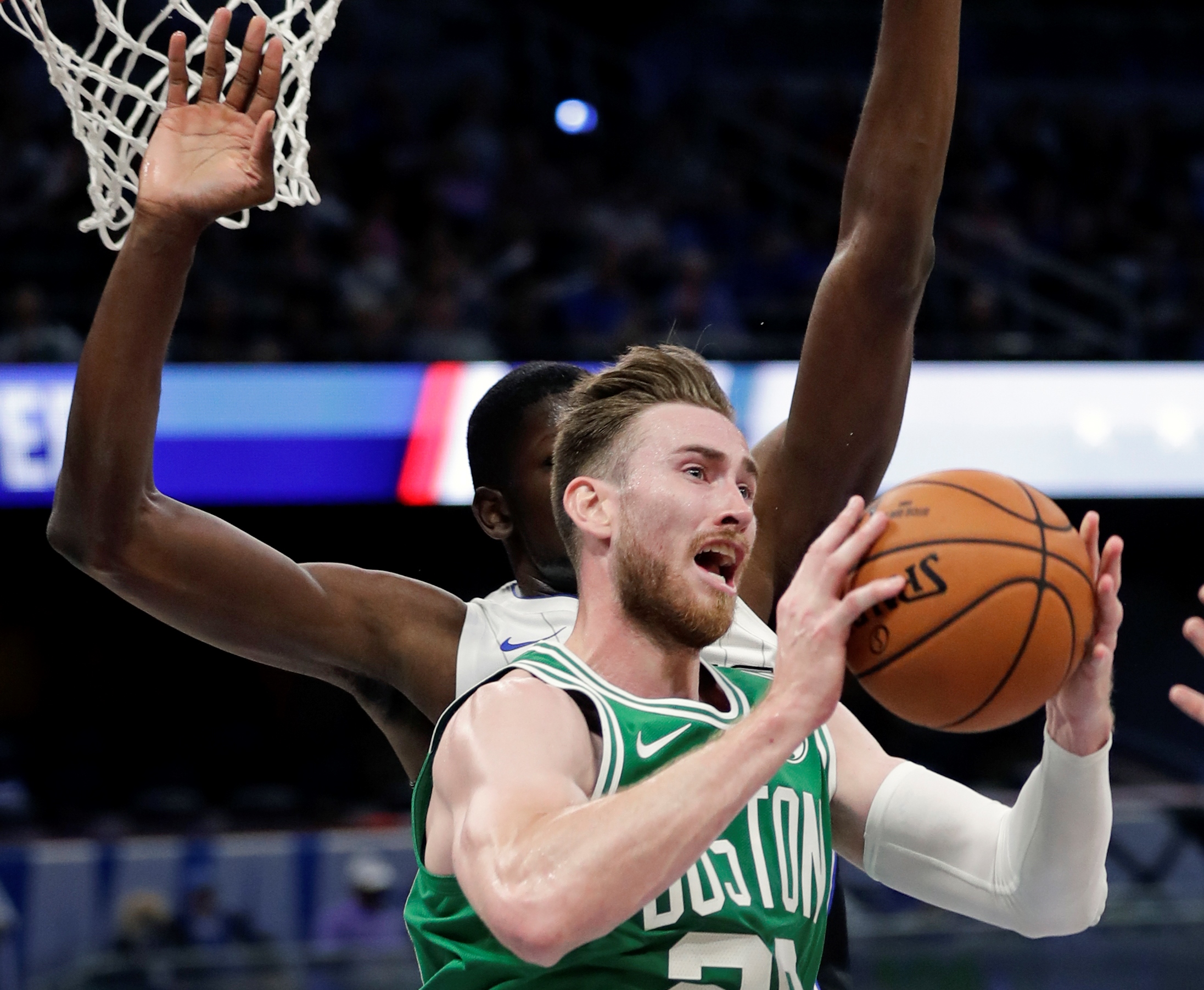 The Celtics’ Gordon Hayward works against the Magic’s Mo Bamba during the second half of their exhibition game Friday.
