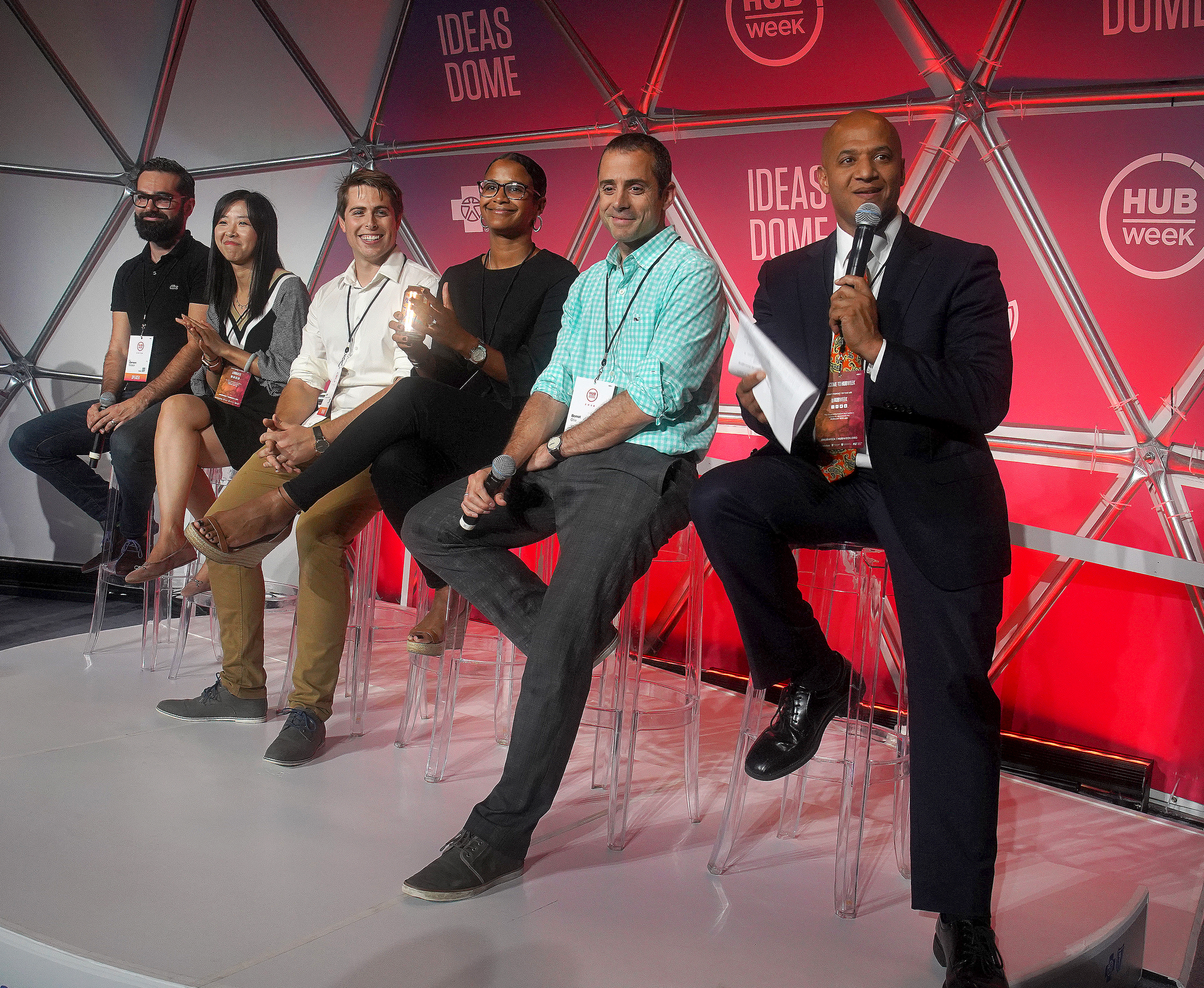 Left to right: Clement Cazalot, managing director, Techstars Boston; Min He, copresident MIT Chief 2017; Ivan Fernandez de Casadevante, cofounder of Ori; Jody Rose, president, New England Venture Capital Association; Bernat Olle, cofounder and CEO of Vedanta Biosciences; John Barros, chief of economic development, City of Boston.