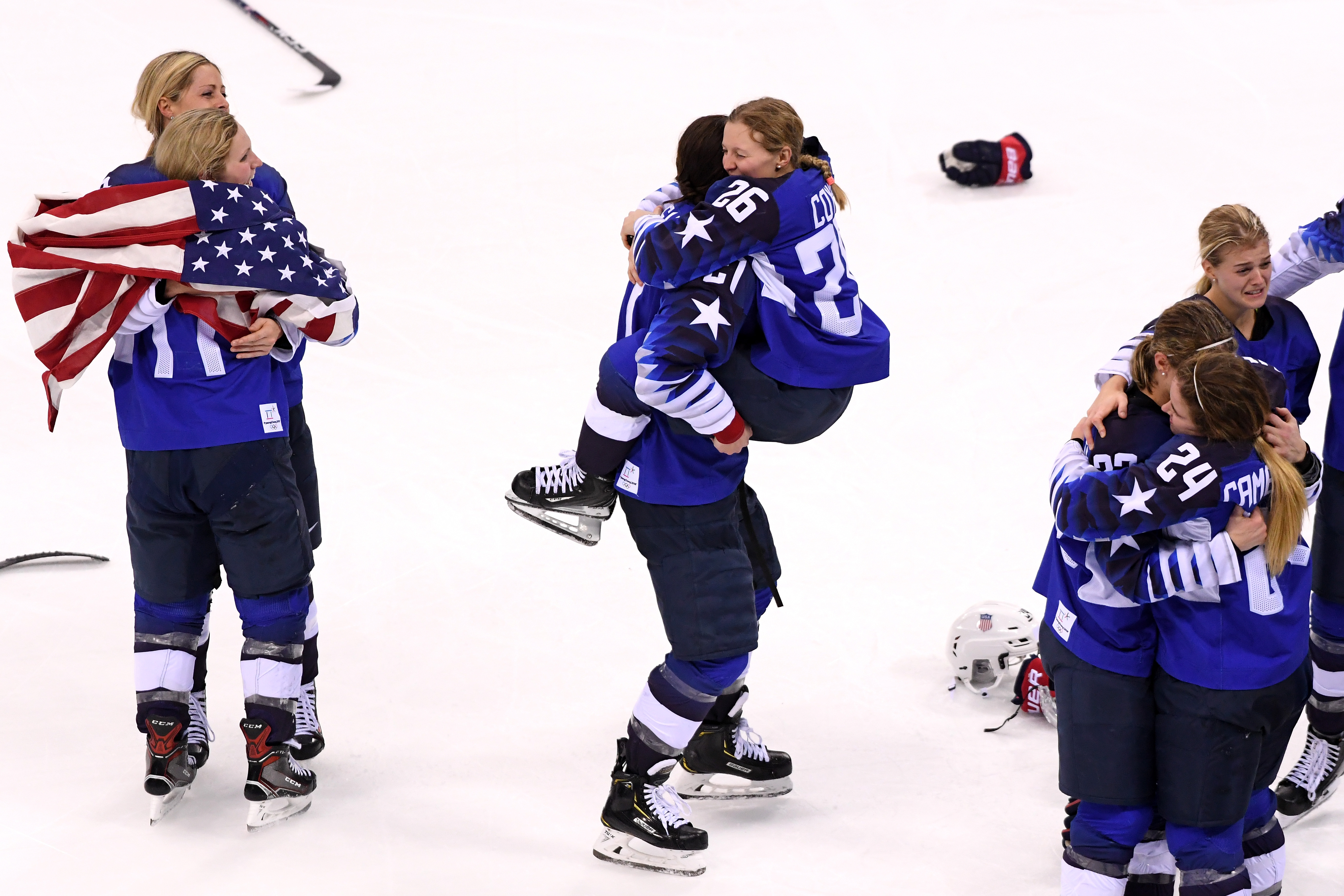 Hilary Knight hugged Kendall Coyne of the US after defeating Canada in the Women's Gold Medal Game.