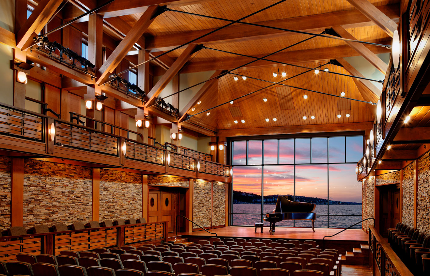 The Shalin Liu Performance Center, whose main stage overlooks the Rockport harbor.