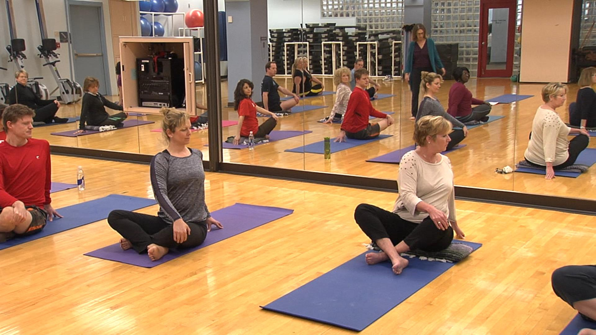 Aetna employees participated in a yoga class at the company's Hartford, Conn. headquarters.