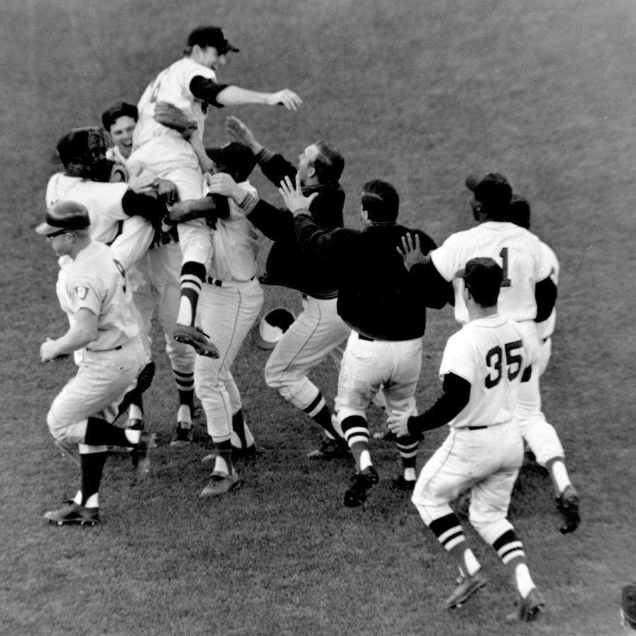 Red Sox pitcher Jim Lonborg is lifted by his teammates following their 5 to 3 victory over the Minnesota Twins at Fenway Park Oct 2, 1967, giving the American League pennant to the Red Sox.