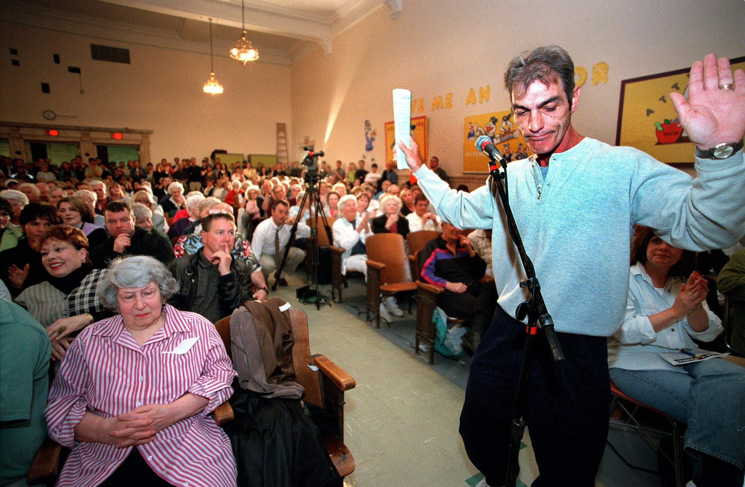 Brian R. Mahoney, shown at a South Boston community meeting in 2000, says he has sought support from developers for his civic group, the St. Vincent Lower End Neighborhood Association, but he denies ever receiving cash payments.