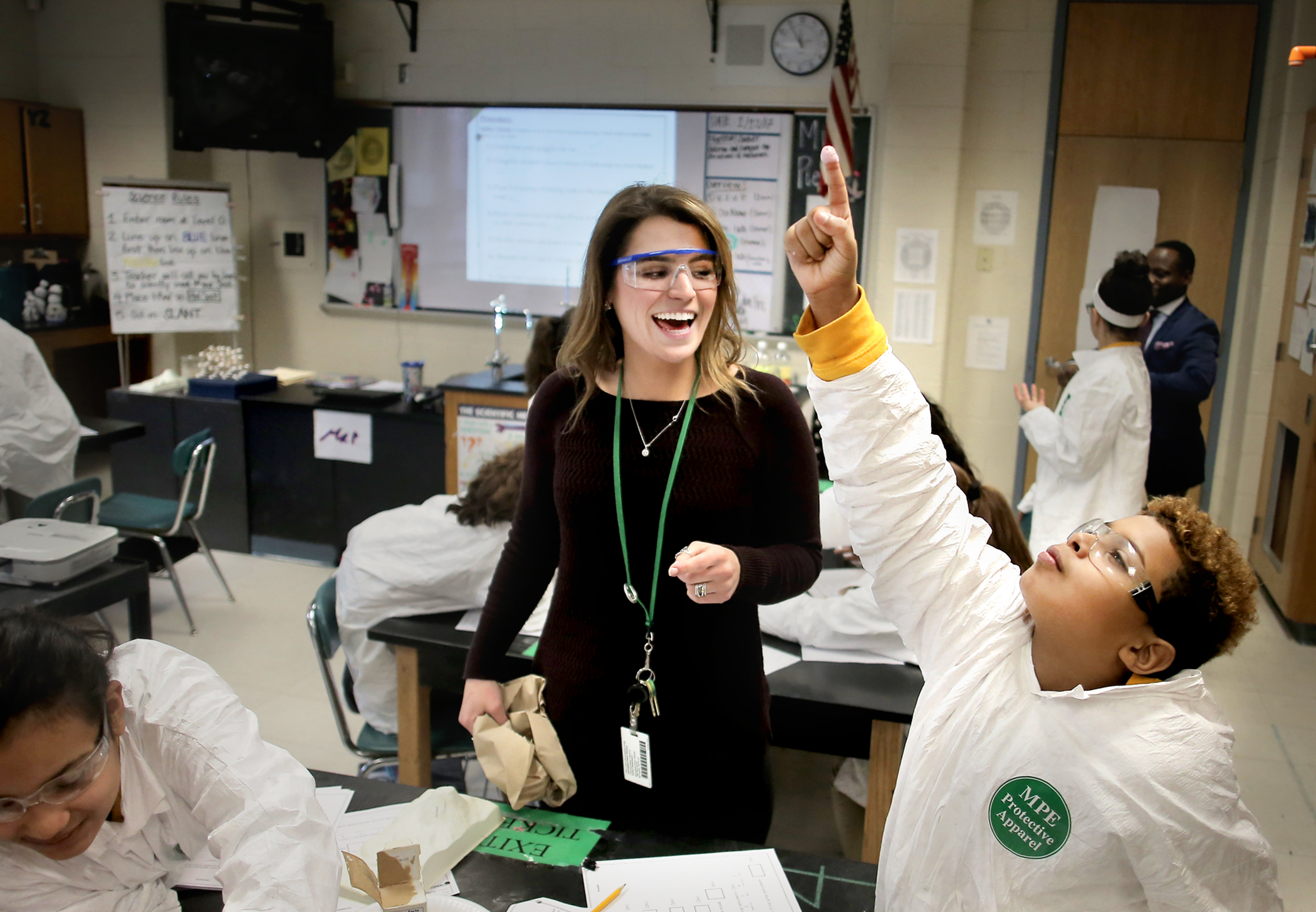 Albert Delanuez, 12, had a moment of triumph after dipping his finger in a baking soda and vinegar volcano in Zoe Pierce’s sixth grade science class at Impact Prep in Springfield.
