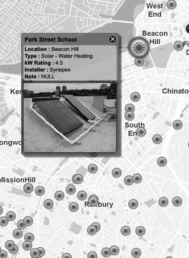 A detail of the interactive renewboston.org solar map shows the locations of residences and businesses that incorporate solar power.