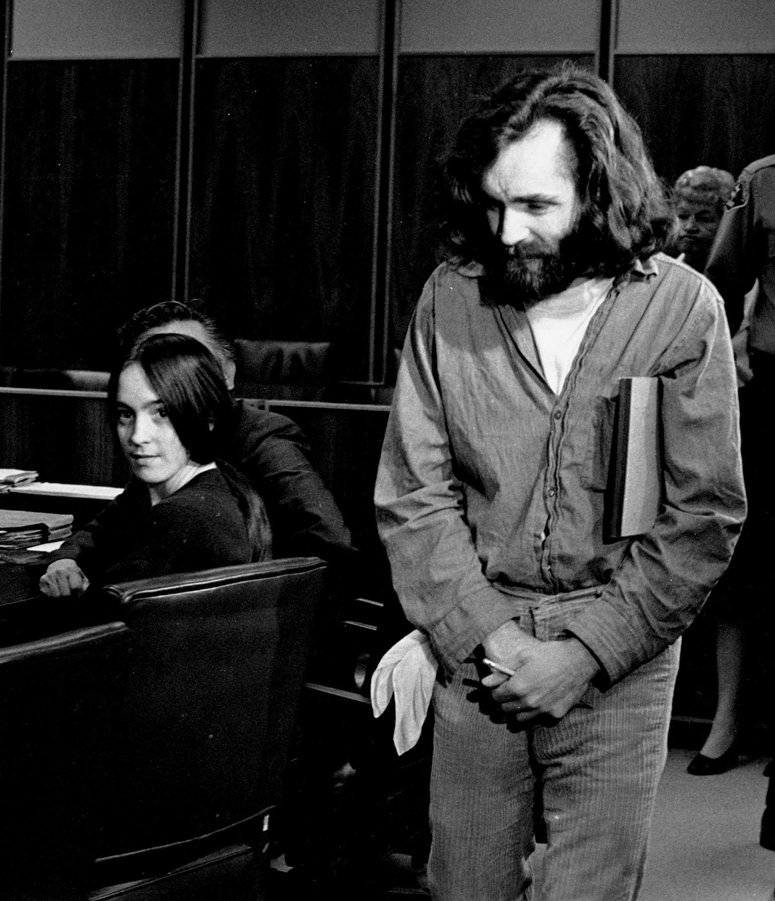 Charles Manson in court in 1970 with cult member Susan Atkins (seated).