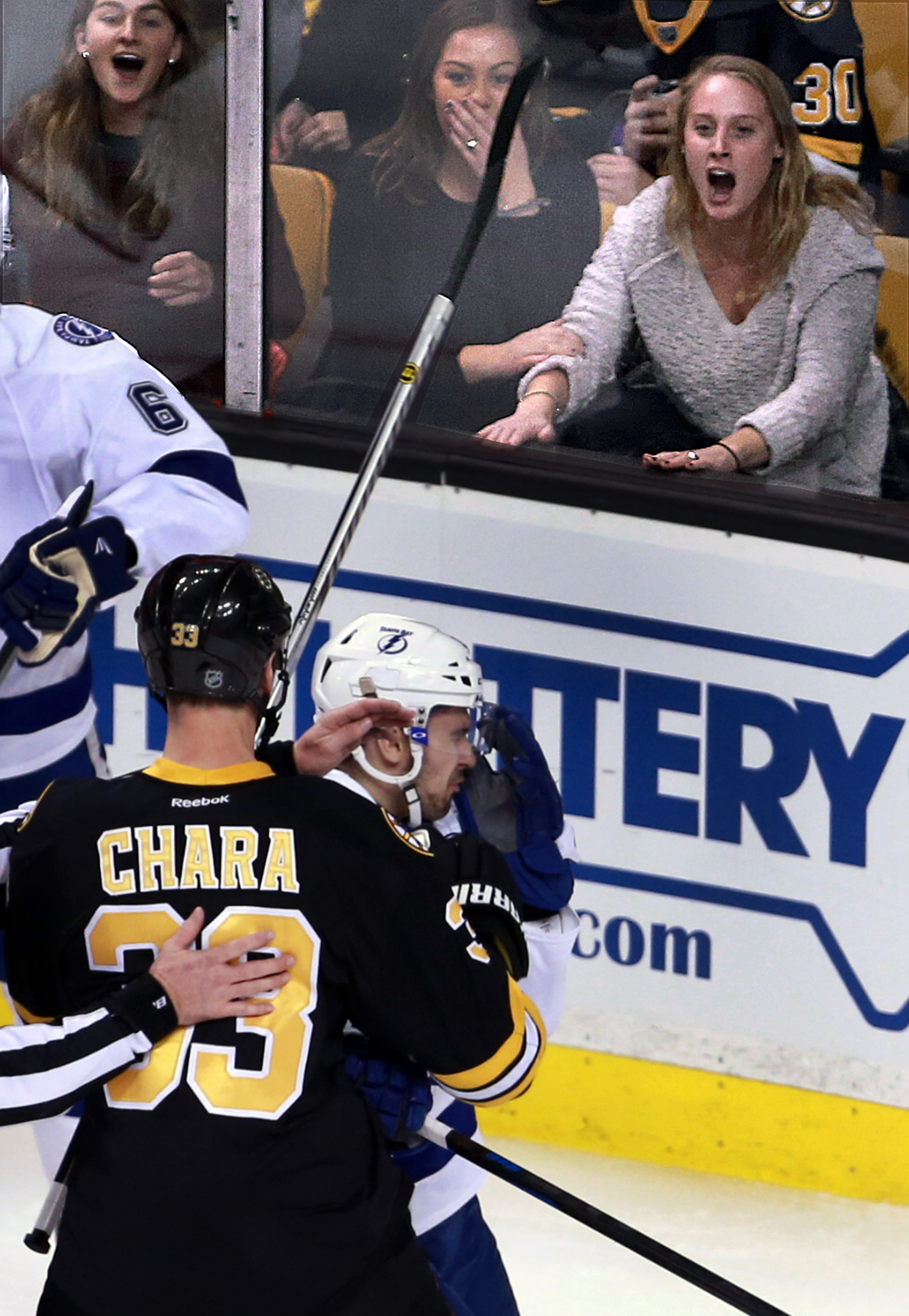 Zdeno Chara hit Cedric Paquette in the chin with a right jab.