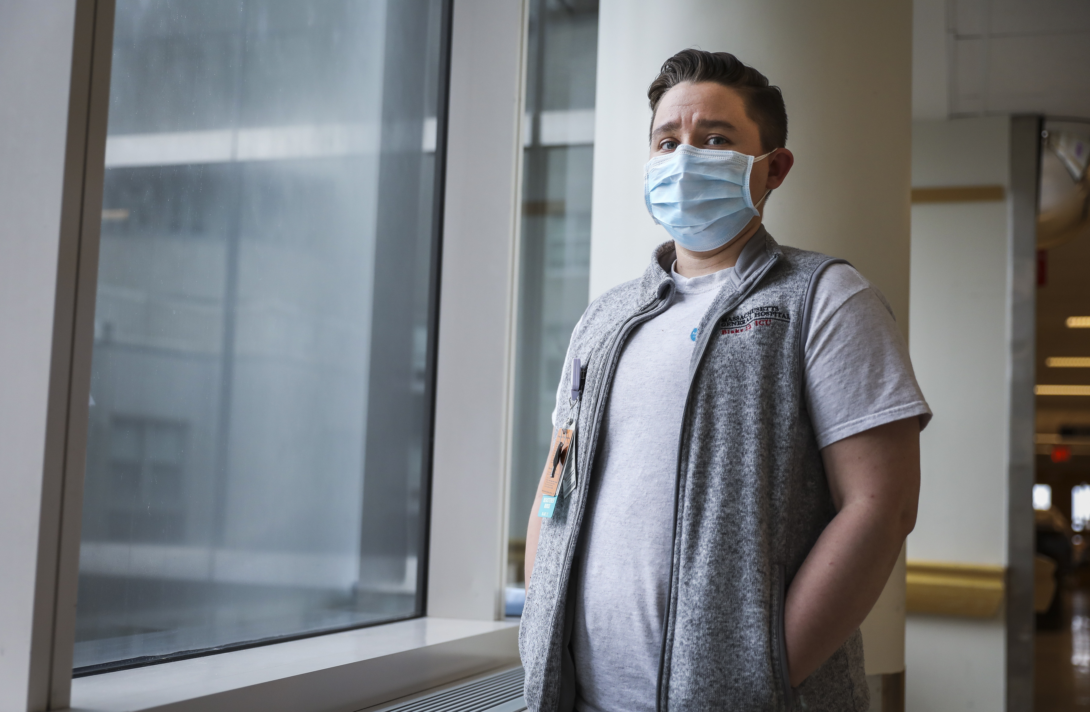 Kelsey Conley, an RN at Massachusetts General Hospital, stands for a portrait on Thursday afternoon. (Erin Clark/Globe Staff)