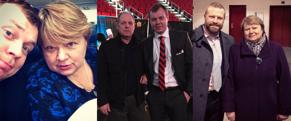 Anton Khudobin’s mother Tatiana (with Anton at left and with former Bruin goalie Tim Thomas at far right) and his father Valeri (center) made huge sacrifices so their son could play hockey.