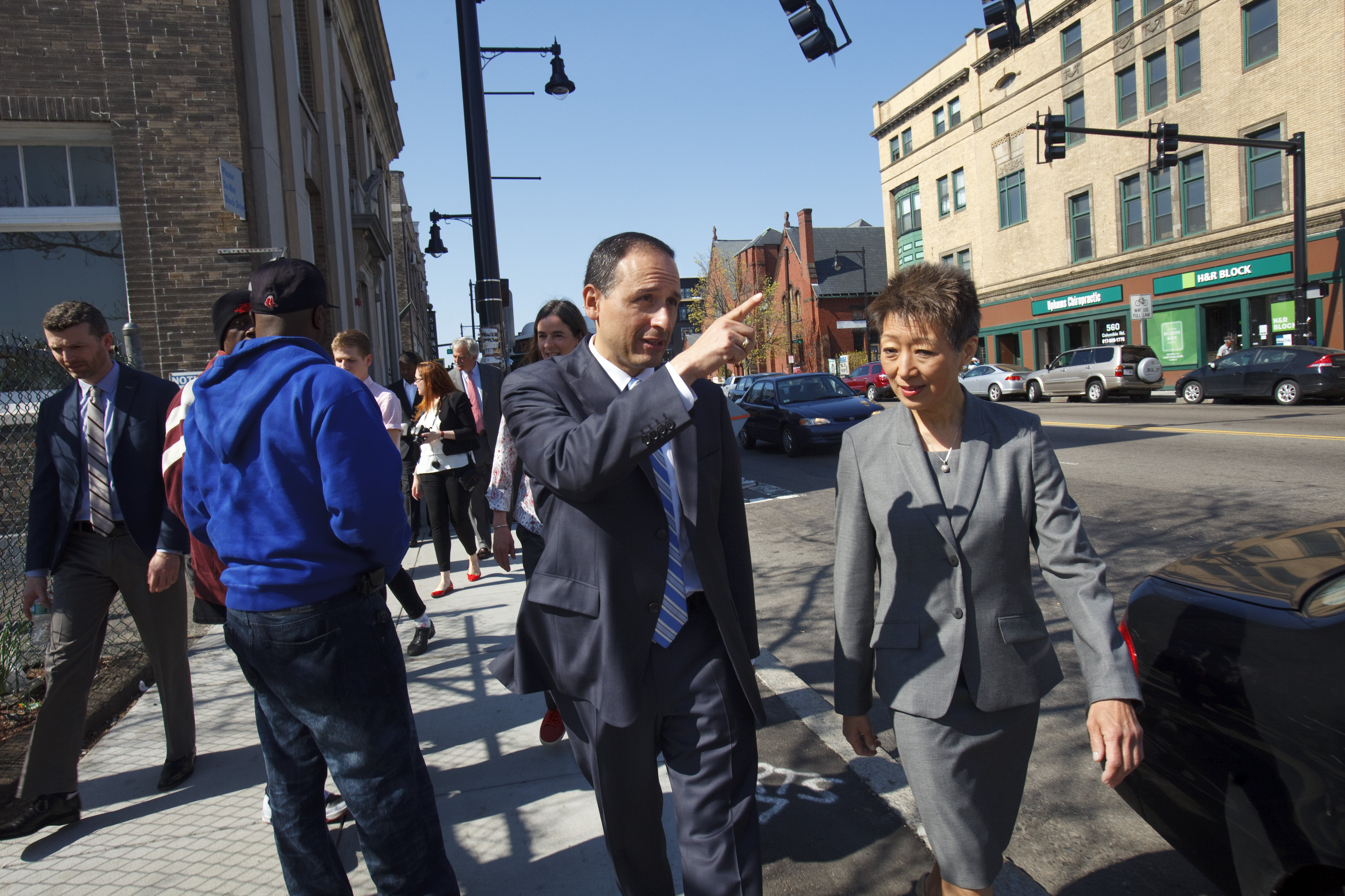 Jim Canales and Jane Chu in Uphams Corner. “A lot of people don’t know what foundations do or how they operate,” he says. “My goal is to lend more transparency to how they work and how they make decisions.”