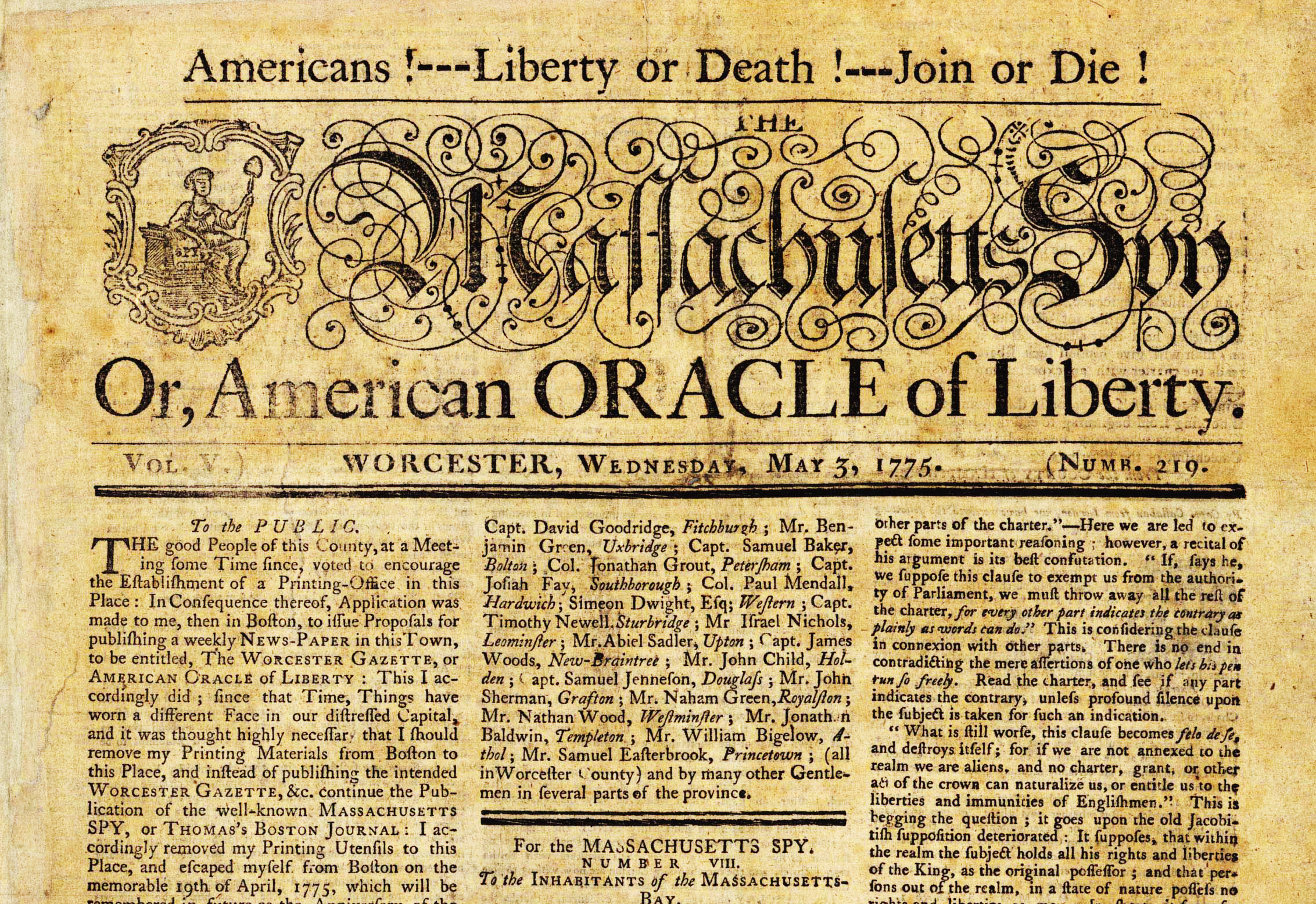 The front page of the Massachusetts Spy on May 3, 1775, as published by Isaiah Thomas.