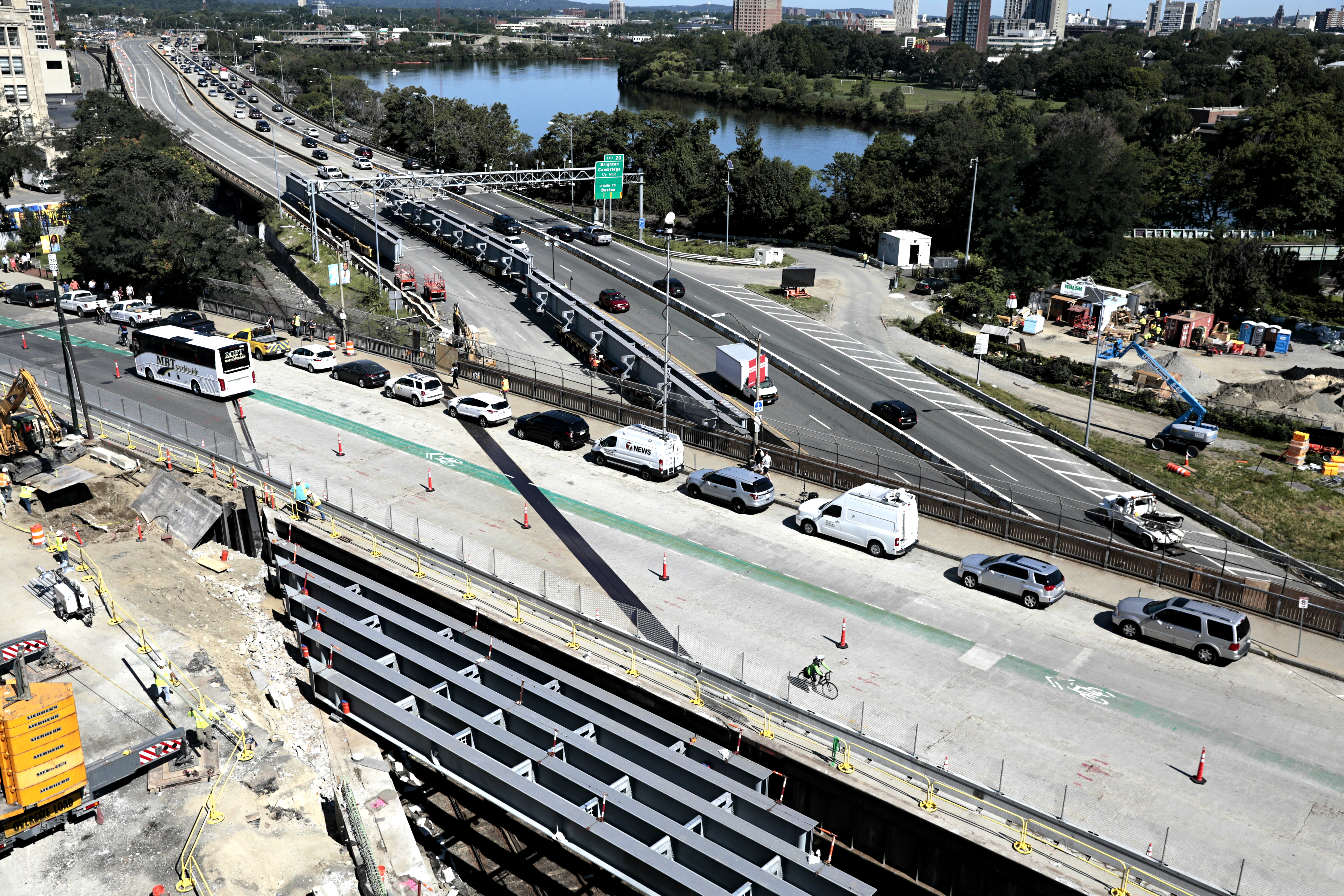 Traffic was reduced to two lanes each way on the Pike Monday as construction continued on the Commonwealth Avenue bridge.