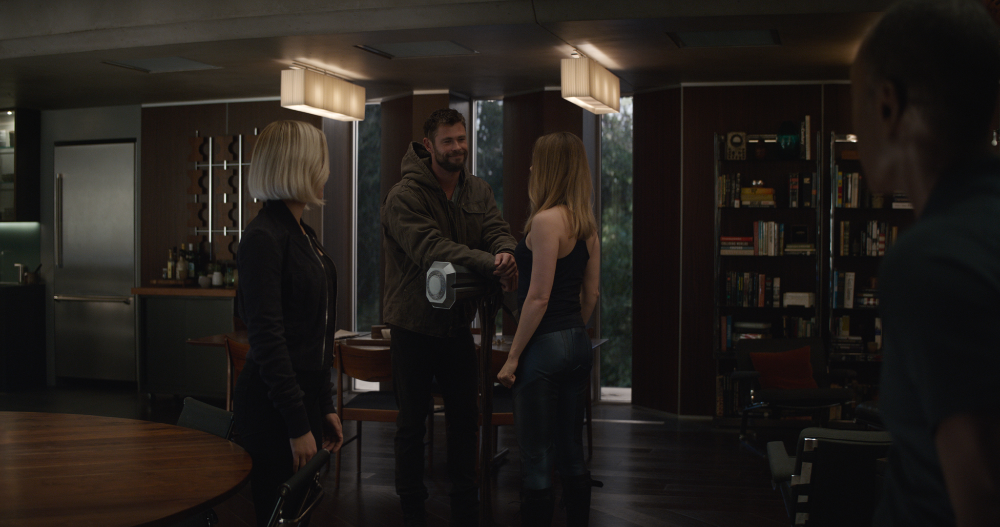 From left to right: Black Widow/Natasha Romanoff (Scarlett Johansson), Thor (Chris Hemsworth), Captain Marvel/Carol Danvers (Brie Larson), and War Machine/James Rhodey (Don Cheadle).