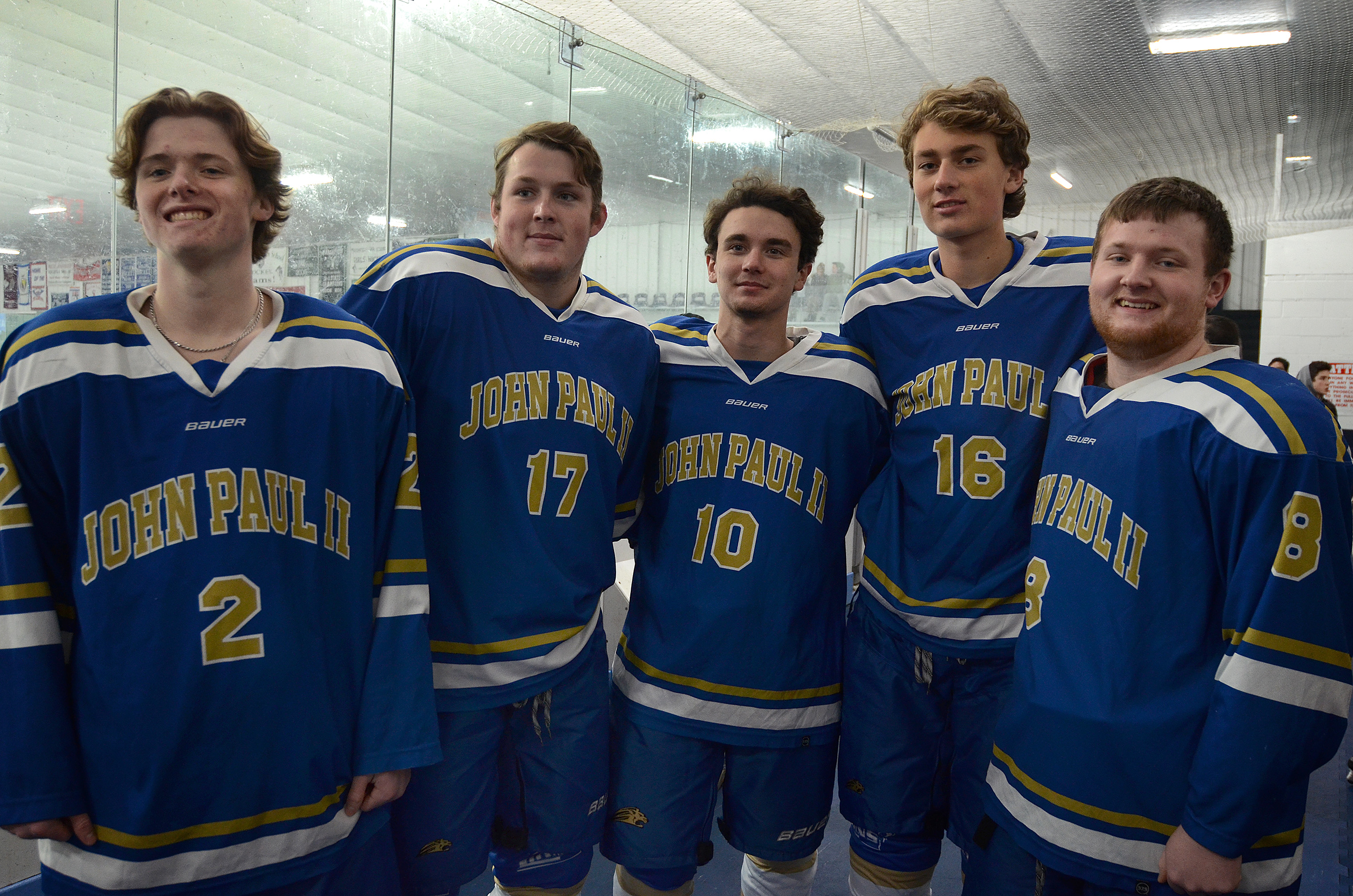 St. John Paul ll's veterans, who have played together since eighth grade, include (from left to right) Joe Manning, Sean Roycroft, Kurtis Weber, Ben Baxter, and D.J. Marrs. “I’ve watched them develop all through these years,’’ said coach Chris Kent. “Now we’re at the strongest point with that group.”