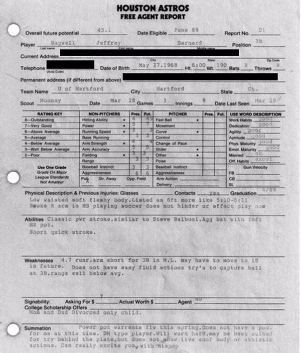 Tom Mooney’s amateur scouting report on Jeff Bagwell when he played for the University of Hartford in 1989.
