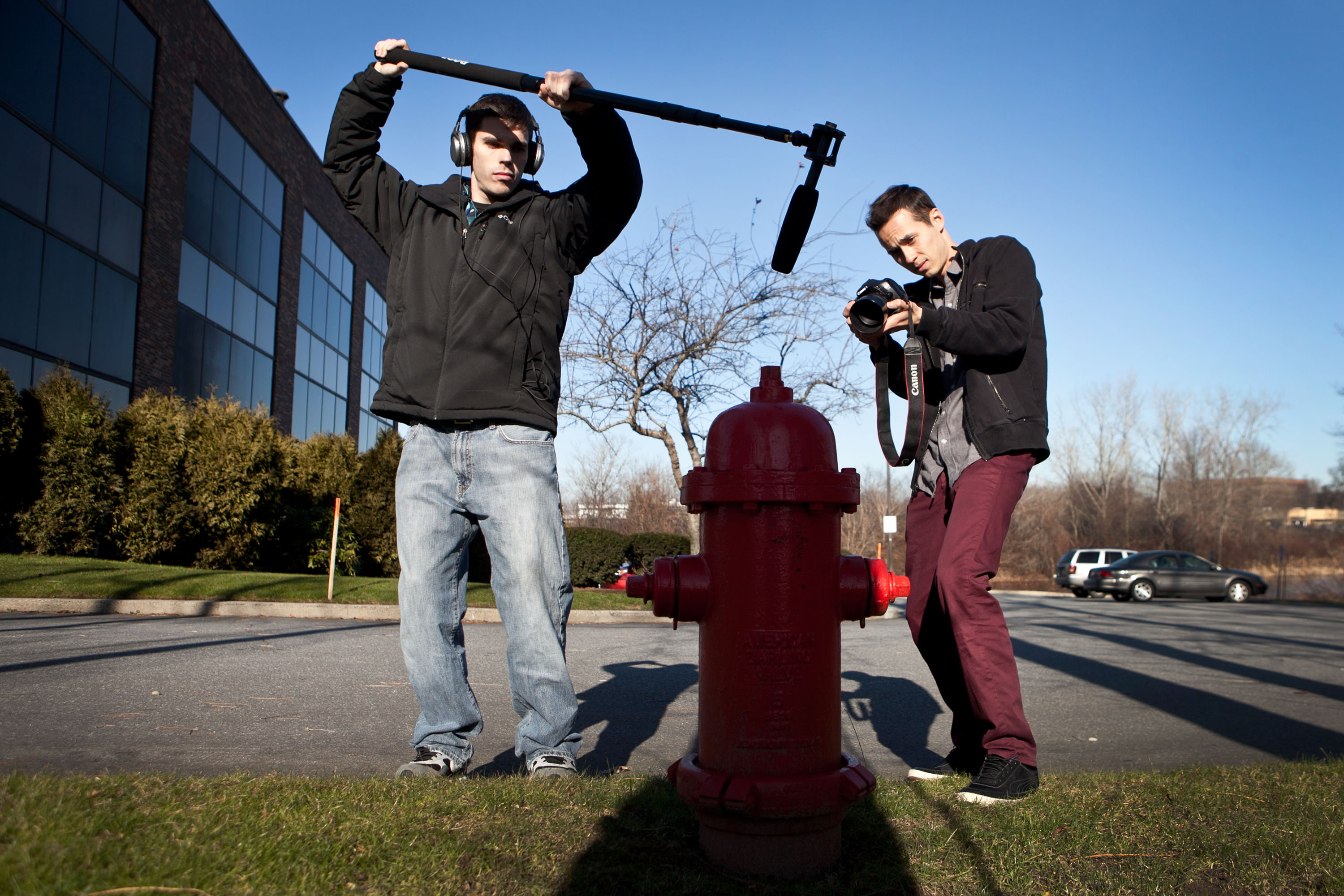 Justin Parker (left) and Jimmy Craig filming in Danvers.