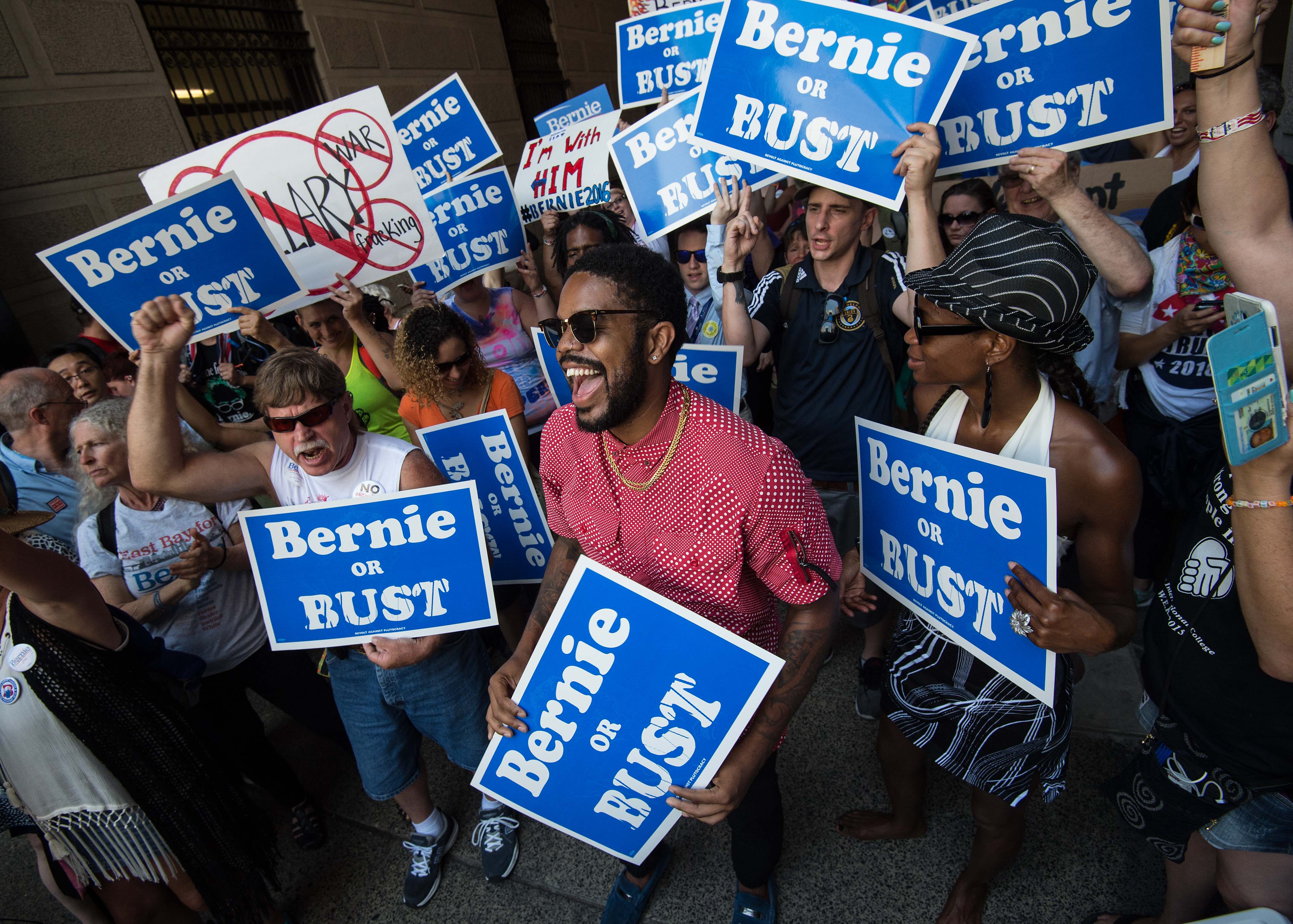 Supporters of Bernie Sanders marched through Philadelphia Monday ahead of the Democratic convention.