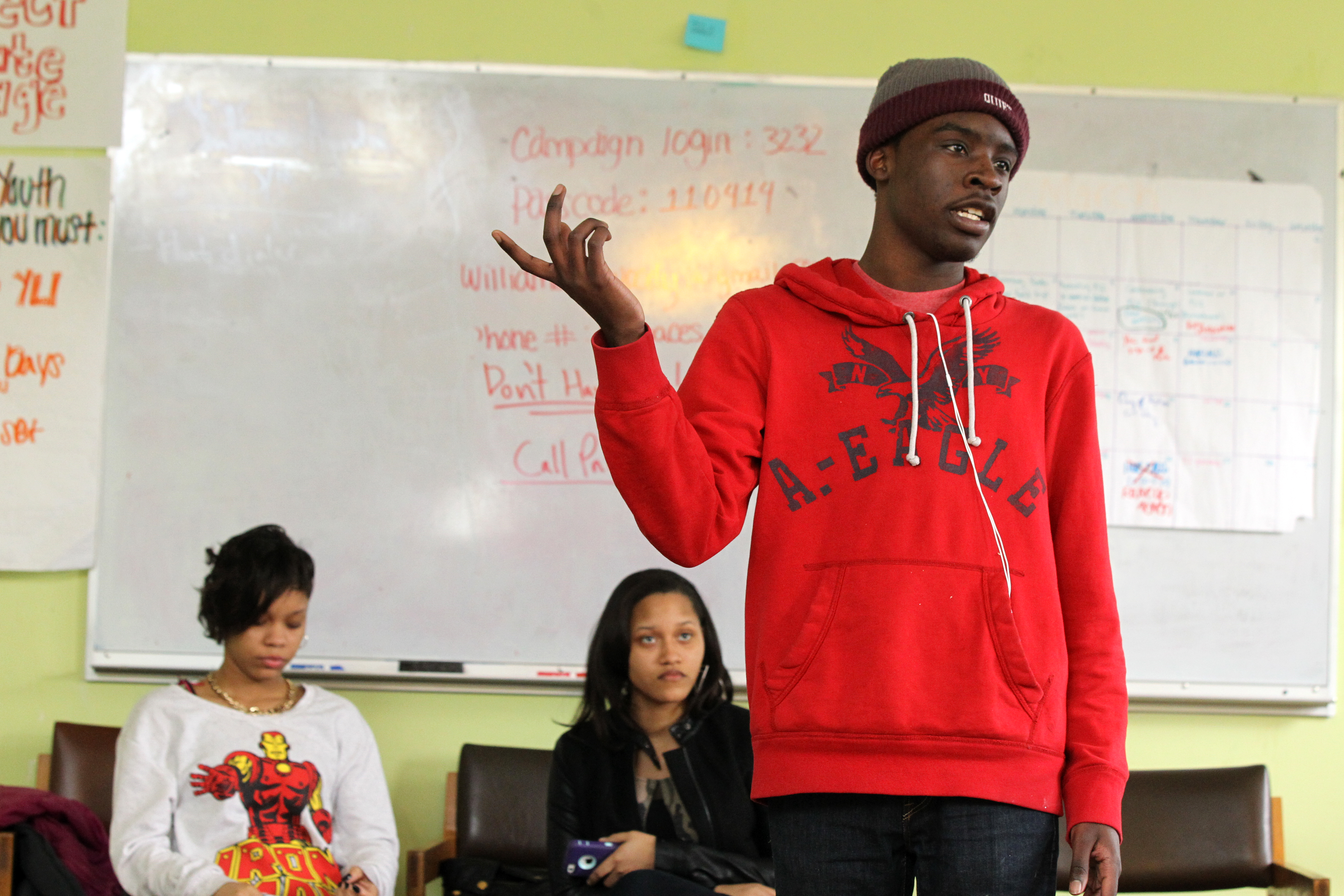 Hakeem Foreman, an organizer with the Dorchester Bay Youth Force, spoke about job-seeking strategies in Somerville.