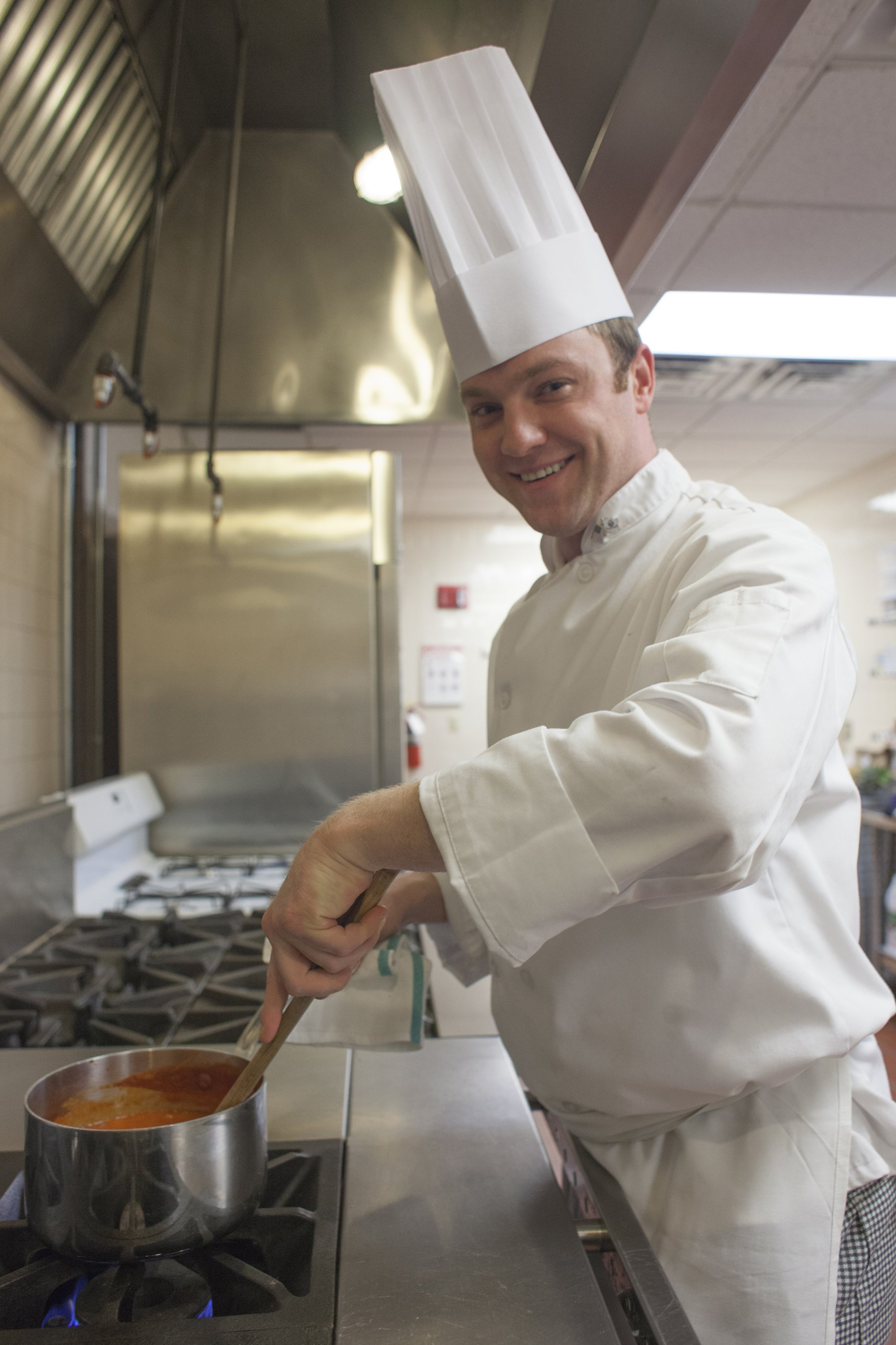 Matthew Gates, formerly a sergeant in the Army’s 10th Mountain Division, has transitioned from seven years’ military service to the kitchen at the Culinary Institute of America in Hyde Park, N.Y. His knife handles are wrapped in camouflage tape.
