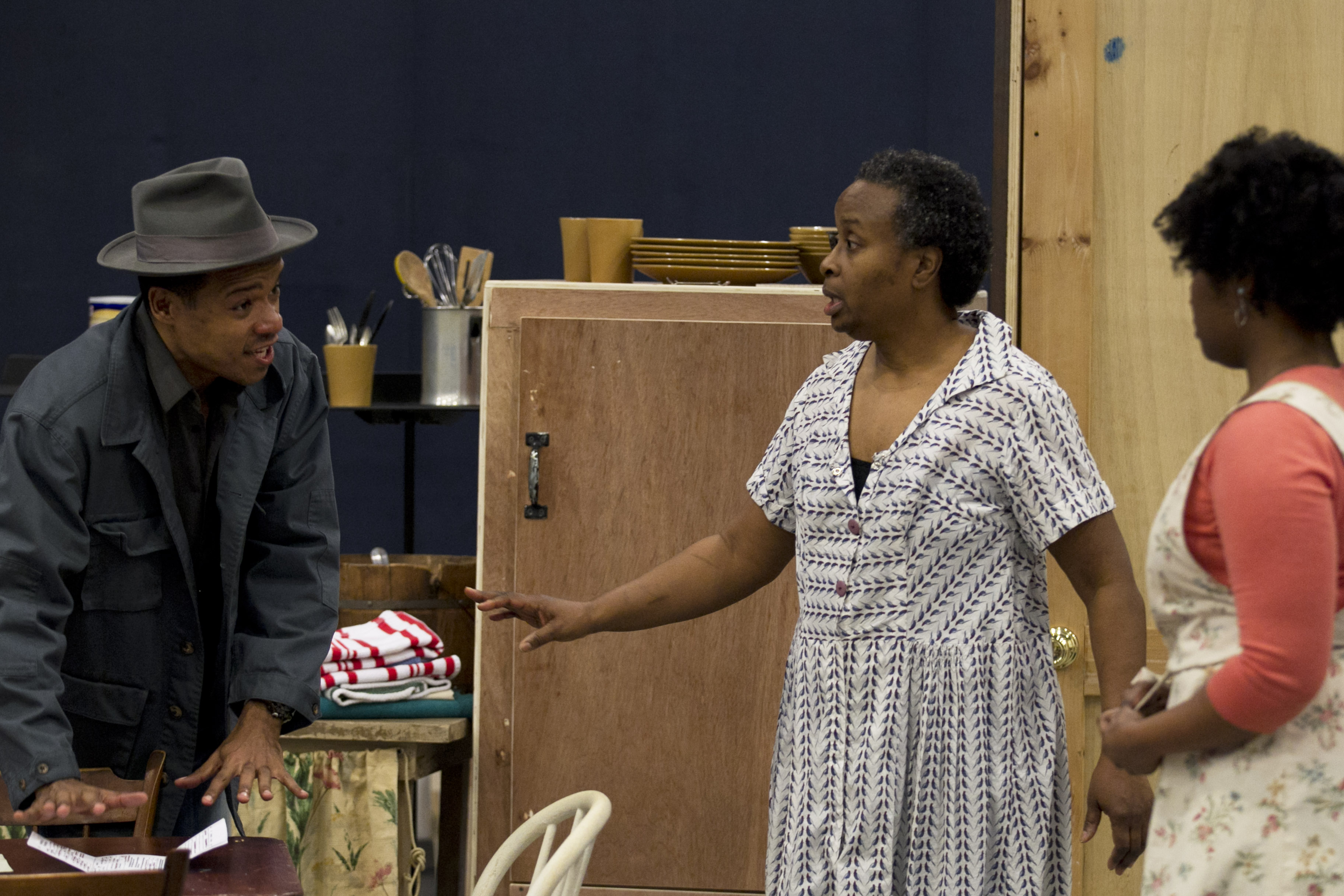 LeRoy McClain, Kimberly Scott, and Ashley Everage rehearsing the Huntington Theatre Company’s production of “A Raisin in the Sun.”