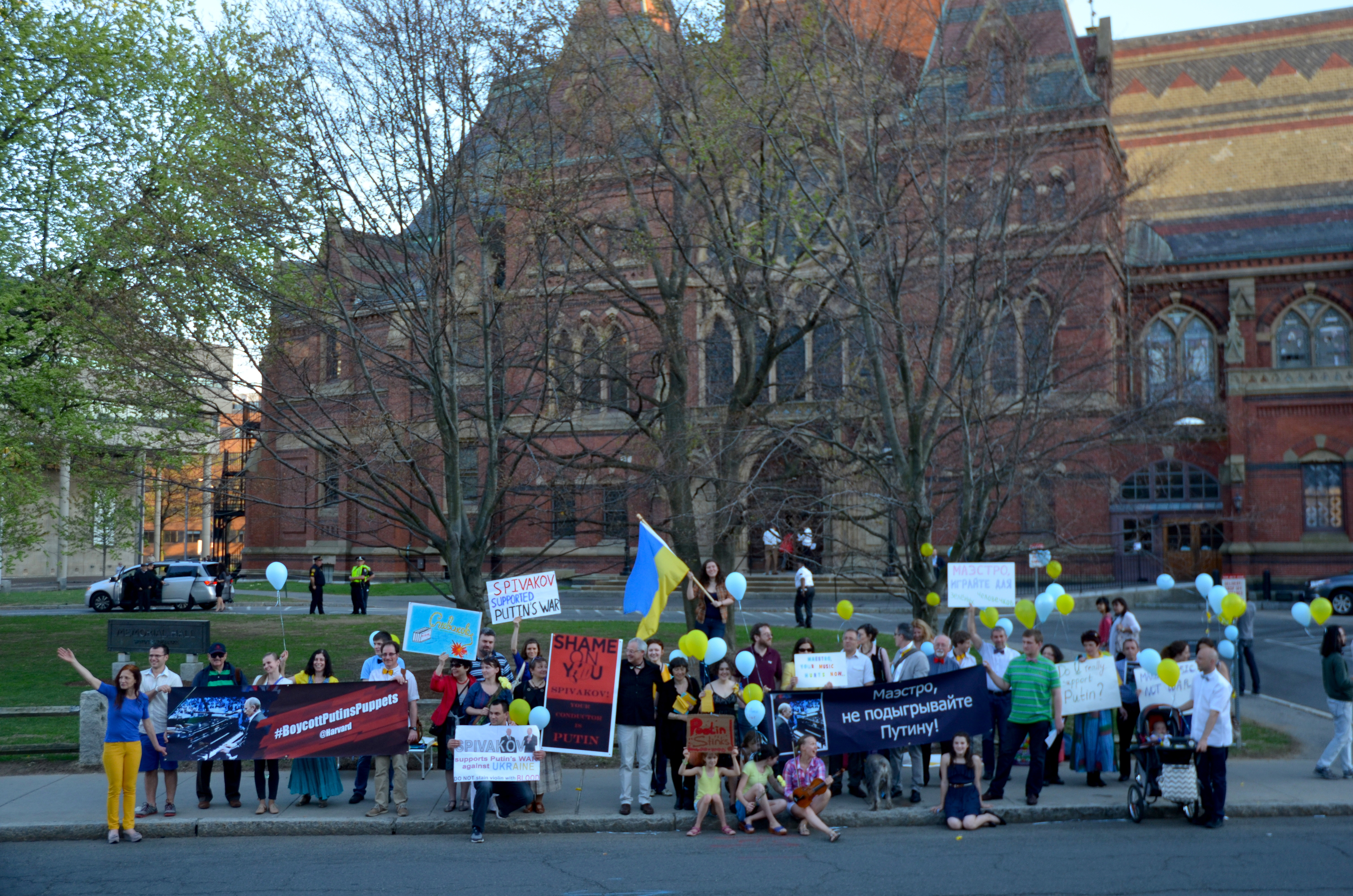 People gathered at Sanders Theatre last month for a protest against Russian conductor Vladimir Spivakov.