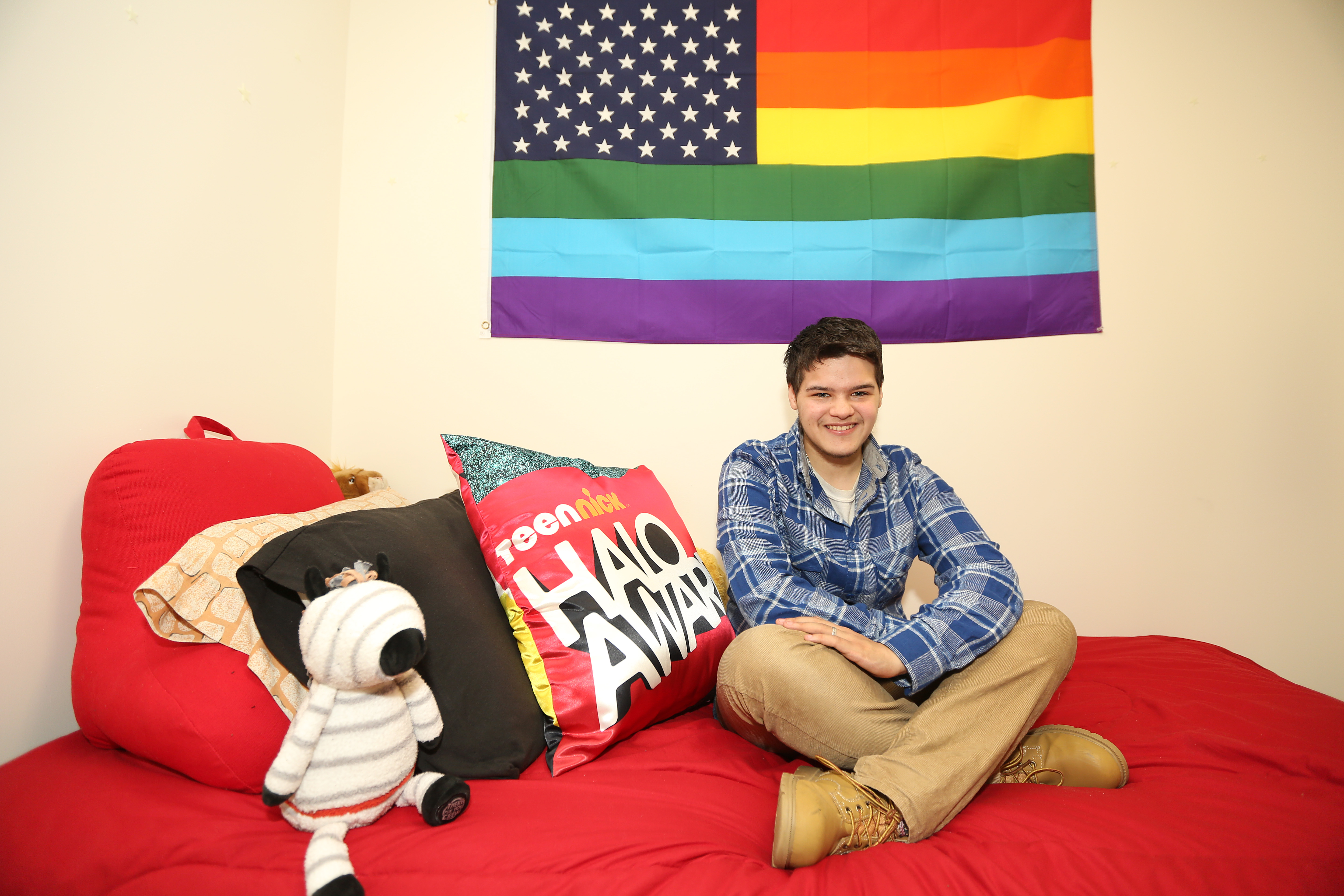 Zach Kerr in his dorm room at Wheelock College, where he is majoring in social work with an aim to counsel.