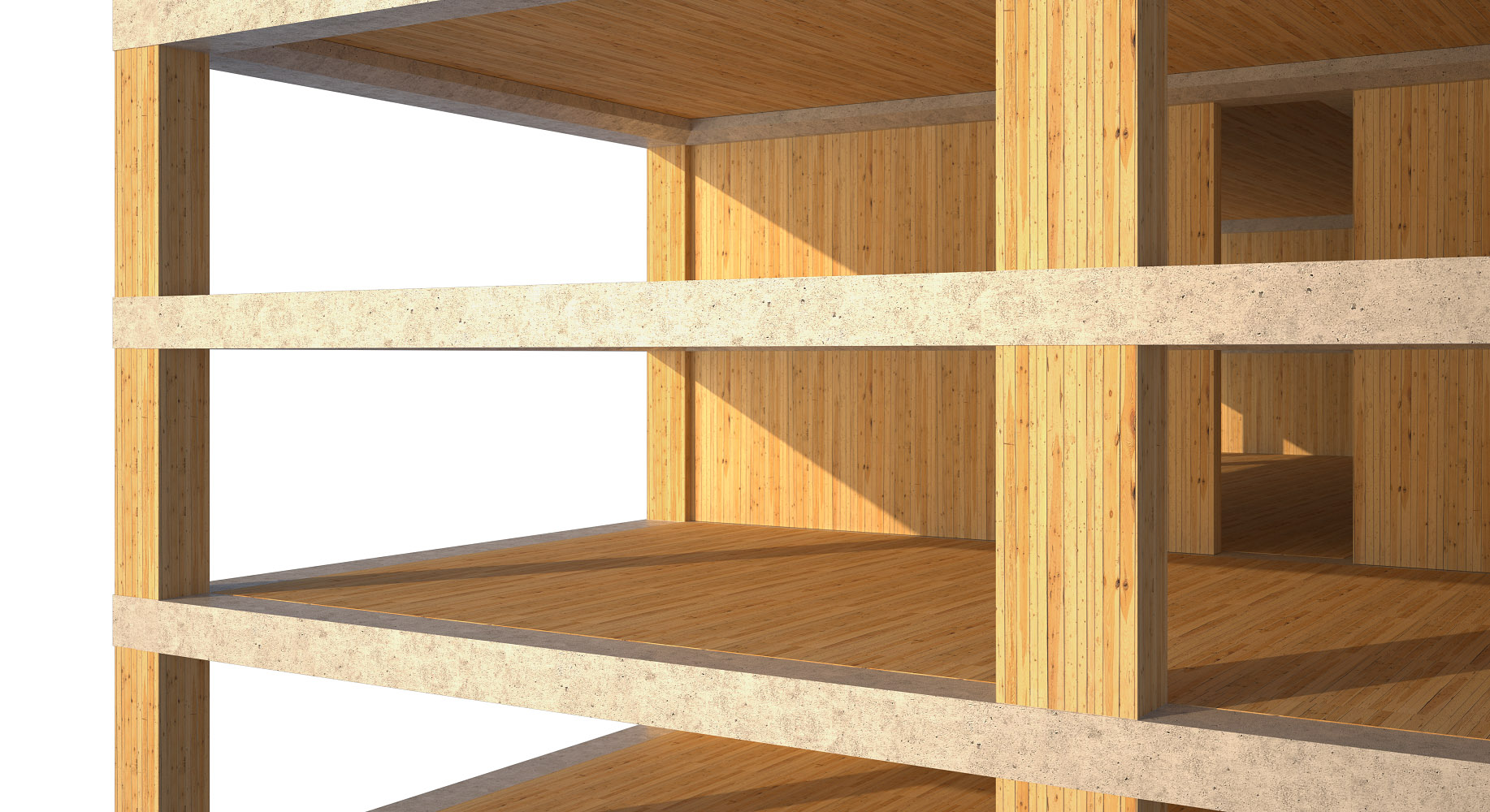 <b>Closeup:</b> The design uses prefabricated wood panels much like concrete slabs to form the main structural elements of the building; reinforced concrete is used only at joints to give the building stability.