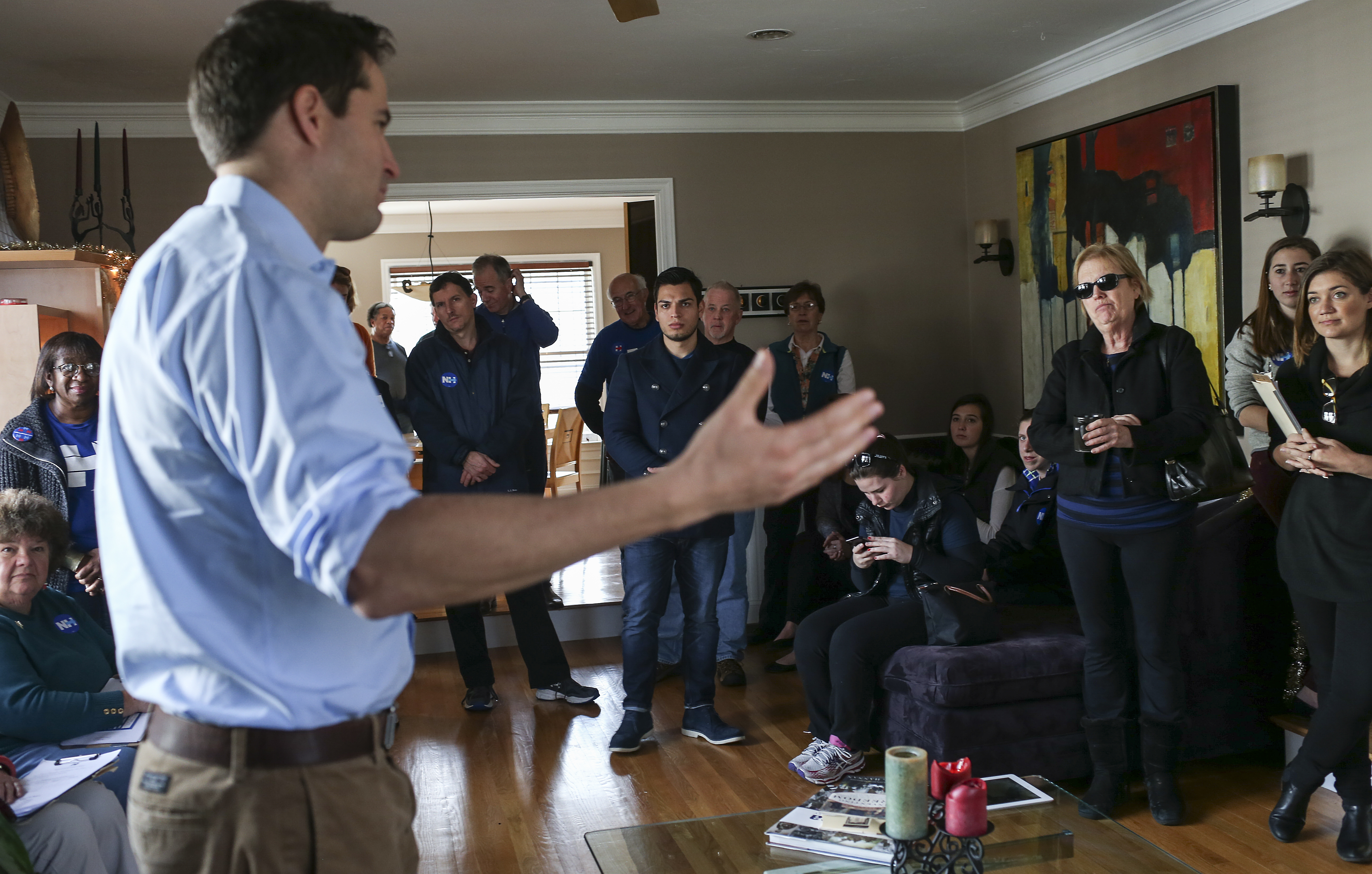 US Rep. Seth Moulton, a Northshore freshman congressman, speaks to volunteers at a house party before heading out to knock on doors for Hillary Clinton in Exeter, N.H.