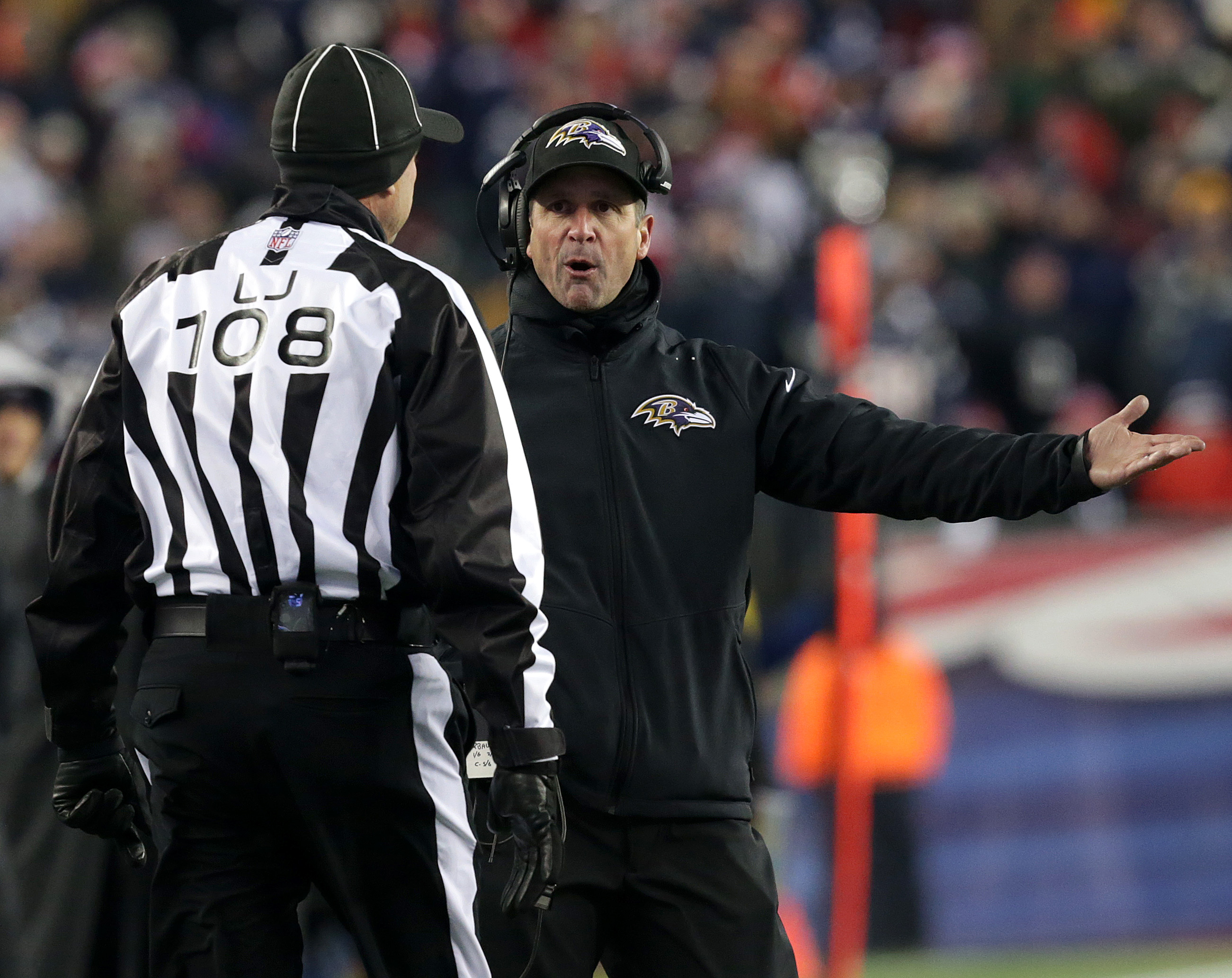 Ravens coach John Harbaugh spent lots of time arguing with the referees.