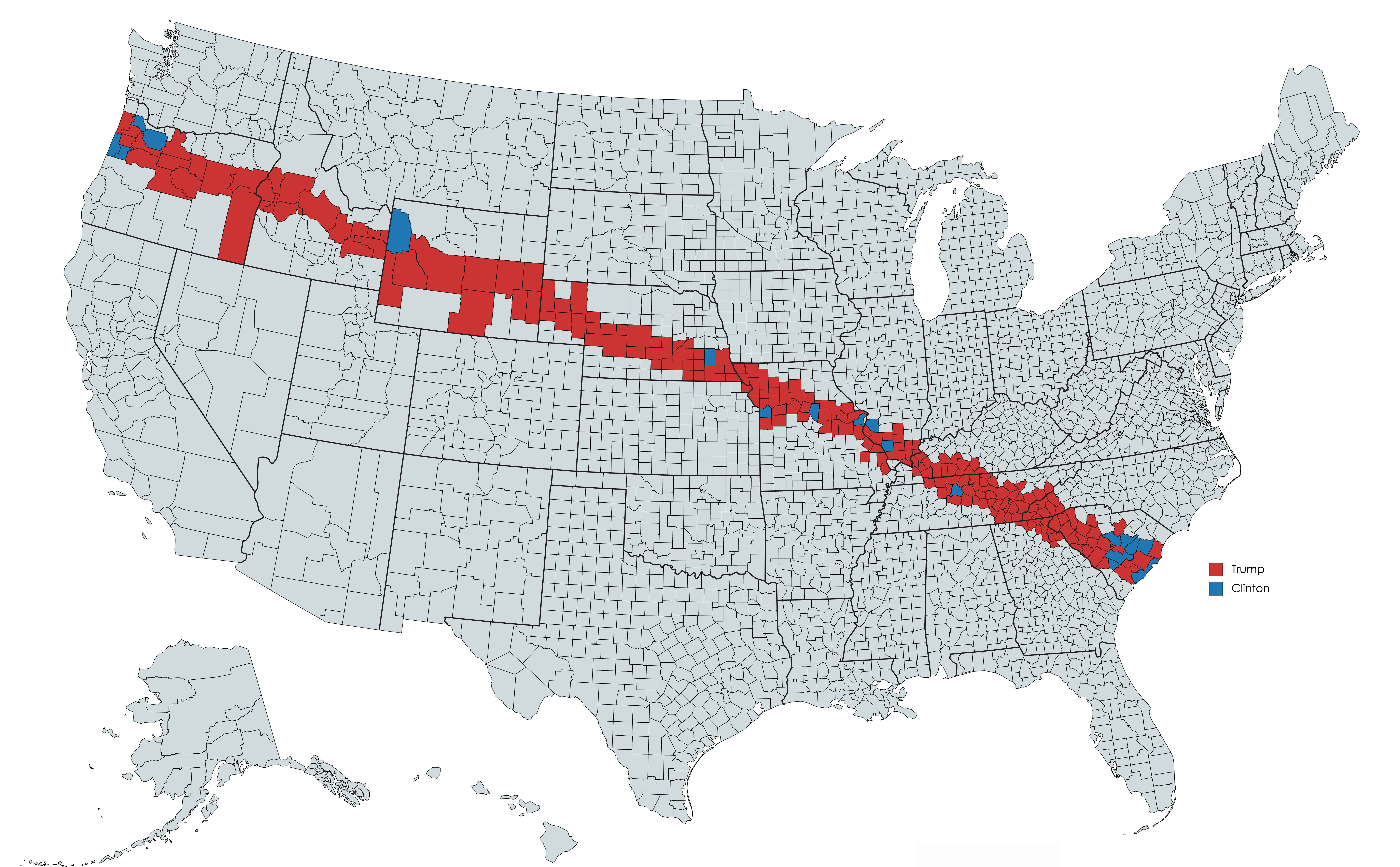 The highlighted counties show, roughly, the path along which people will have the best views of the Aug. 21 total solar eclipse. Counties shaded red voted for Trump; those in blue voted for Clinton.