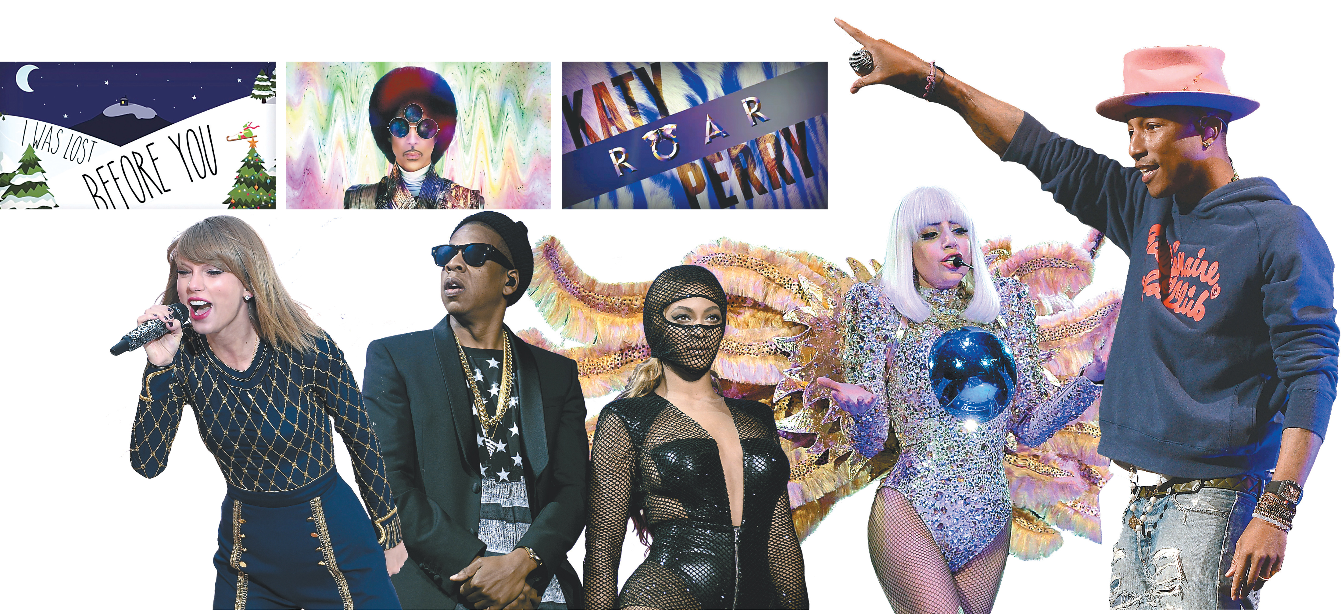 Knowledge of data can drive sales for the clients of Gupta Media, including Kelly Clarkson, Prince, Katy Perry (video art above) and, from left to right: Taylor Swift, Jay-Z, Beyoncé, Lady Gaga, and Pharrell Williams.