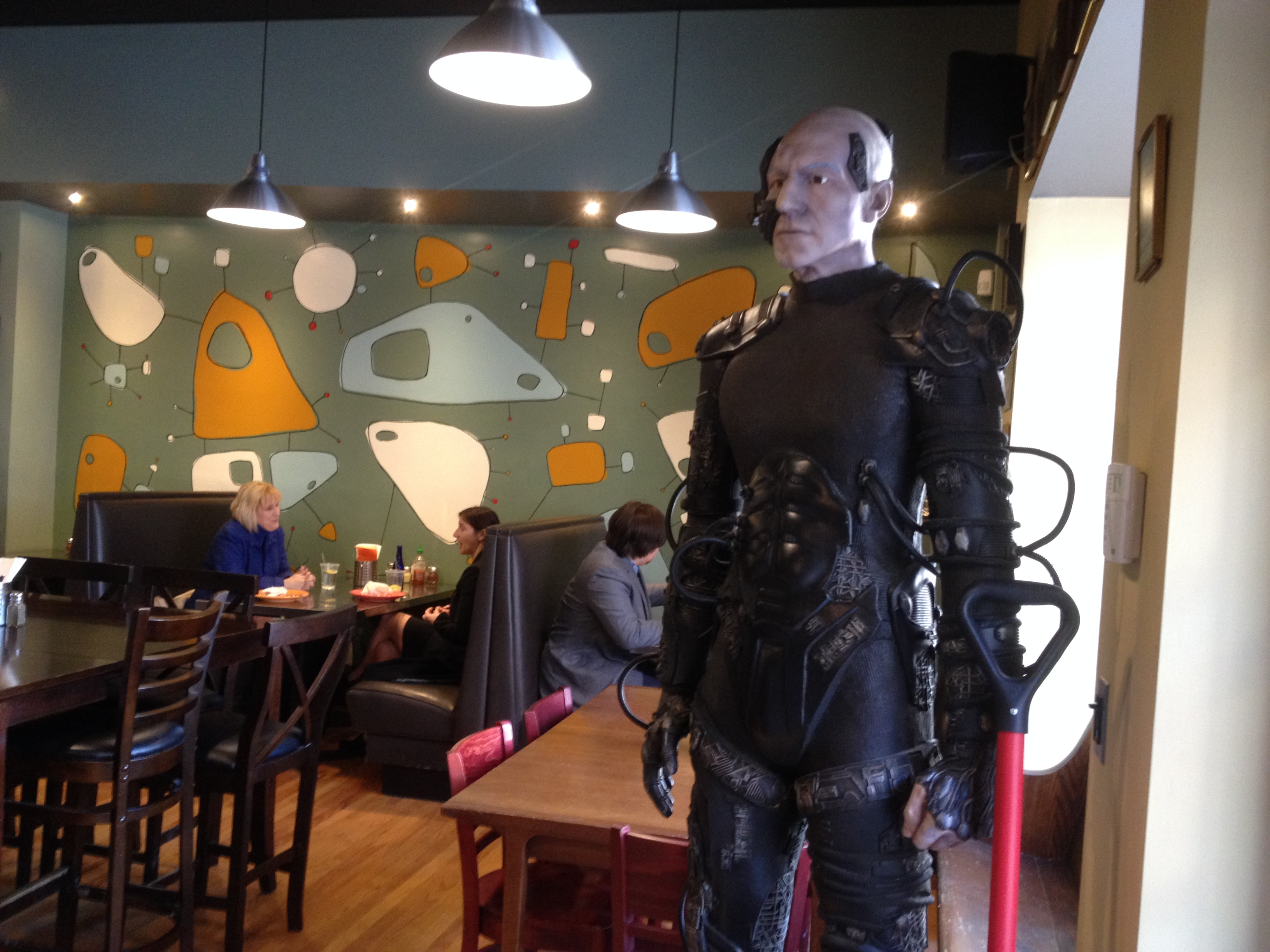 A Captain Picard-as-Borg mannequin greets visitors at the door to the Flying Saucer Pizza restaurant in Salem.