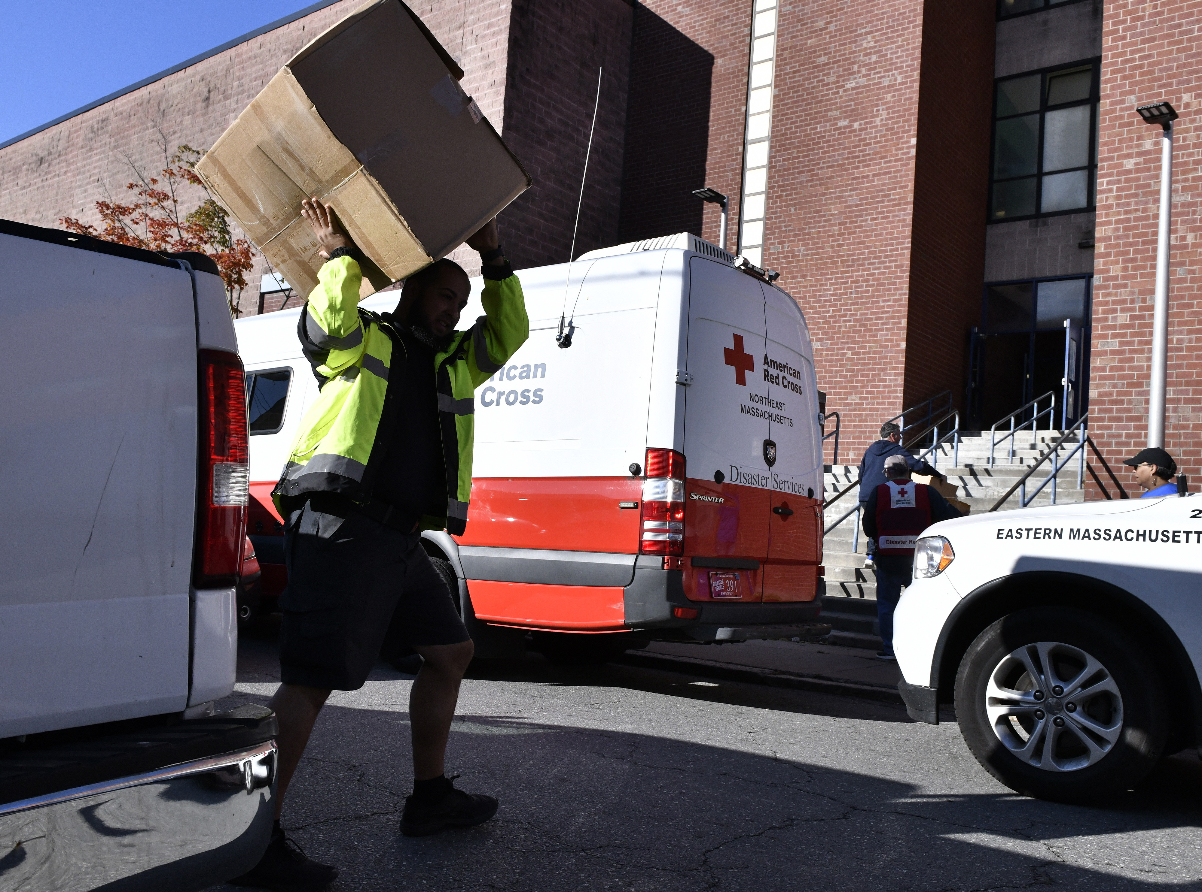 Supplies arrived at the Red Cross shelter set up at the Arlington Middle School in Lawrence.