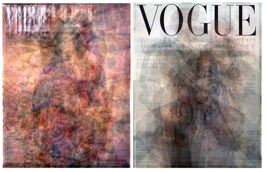 Layered transparencies of Vogue covers from 1940 (left) and 1950 (right).