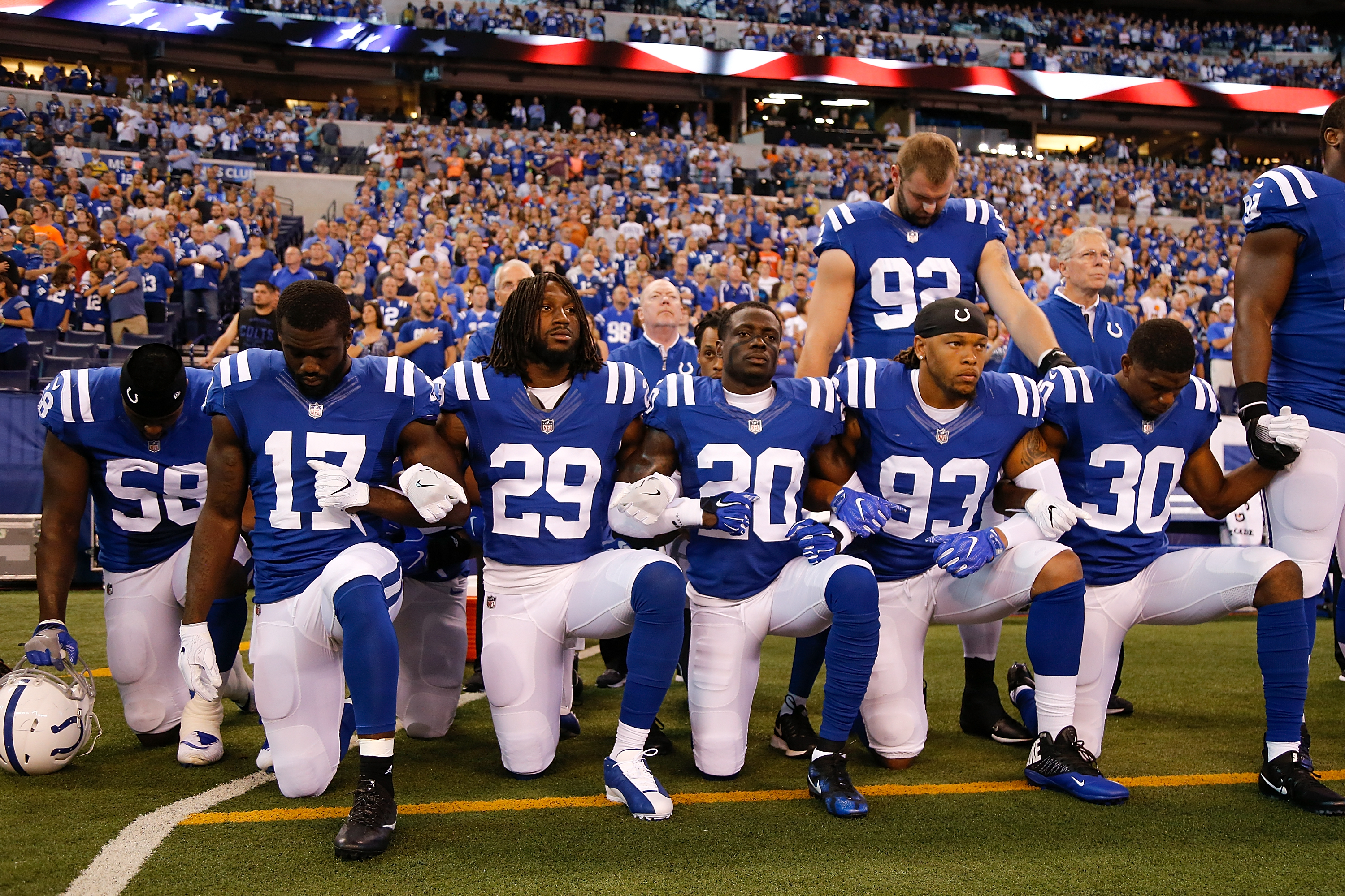 Many Colts players knelt for the playing of the national anthem in Indianapolis.